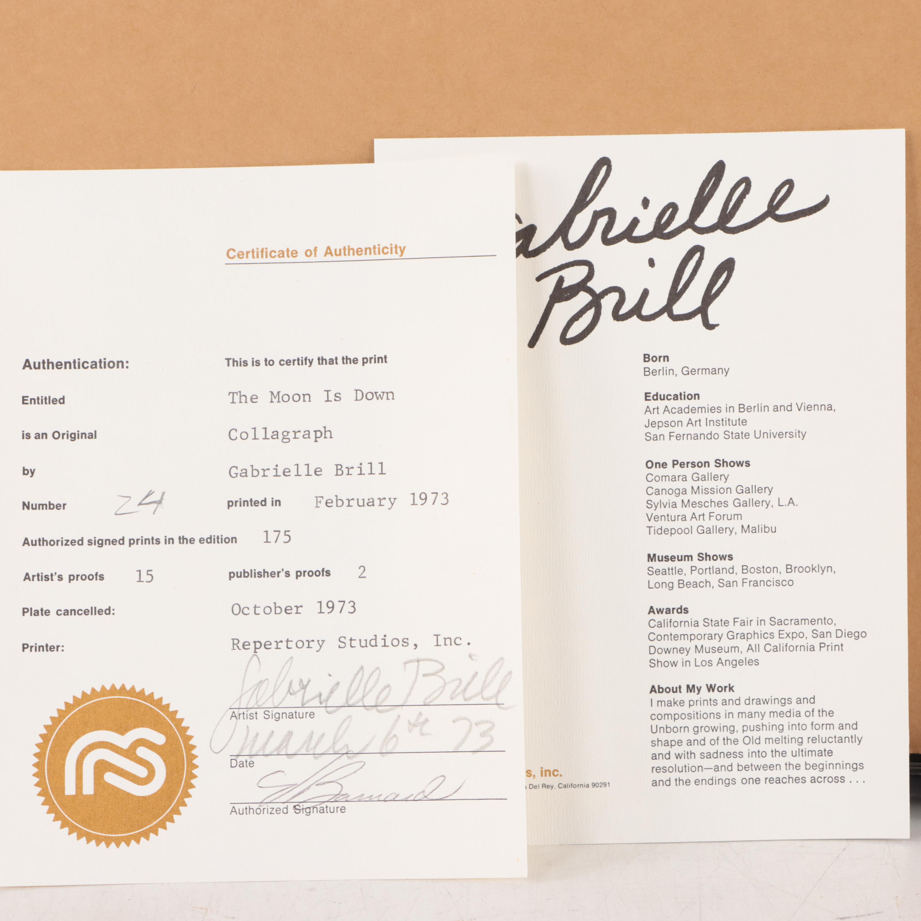 Gabrielle Brill Collagraph "The Moon is Down,"  1973