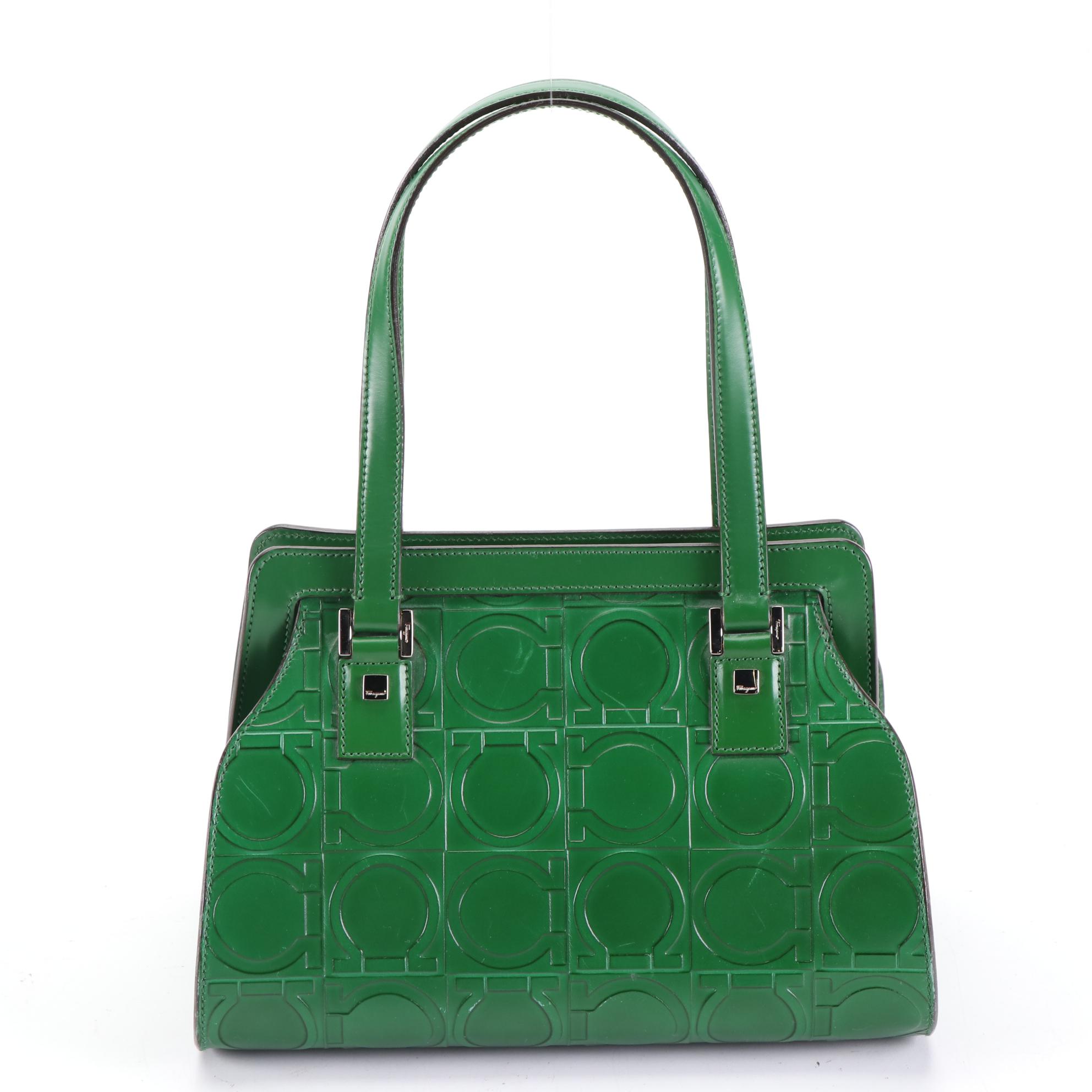 Salvatore Ferragamo Gancini Embossed Handbag and Wallet in Green Leather