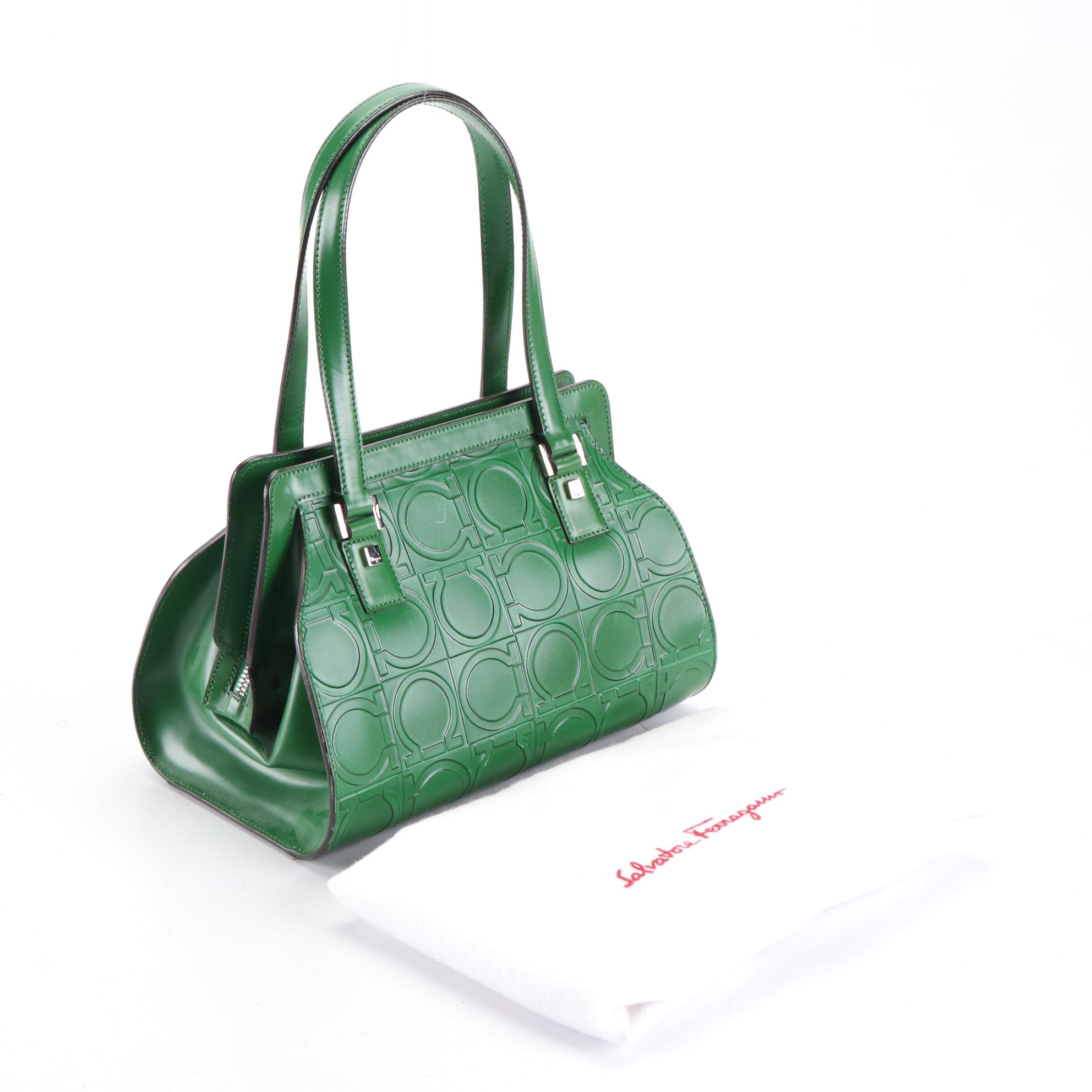 Salvatore Ferragamo Gancini Embossed Handbag and Wallet in Green Leather