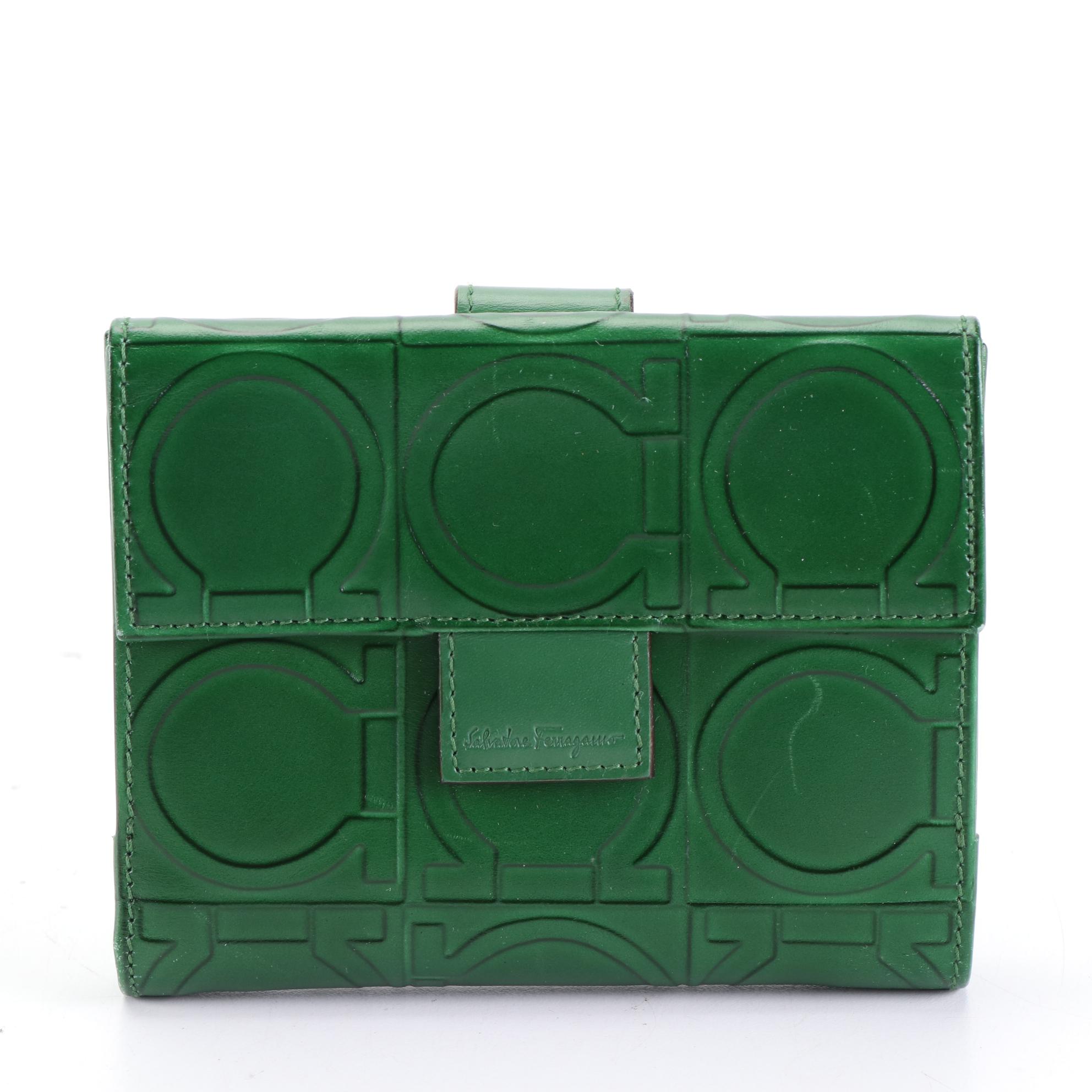 Salvatore Ferragamo Gancini Embossed Handbag and Wallet in Green Leather