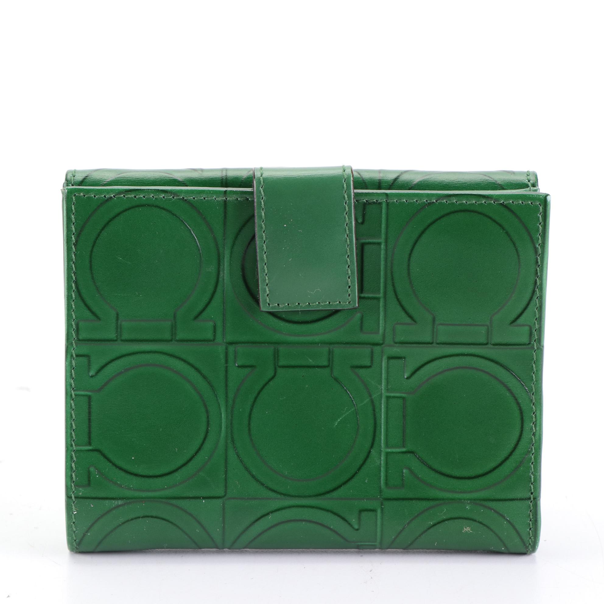 Salvatore Ferragamo Gancini Embossed Handbag and Wallet in Green Leather