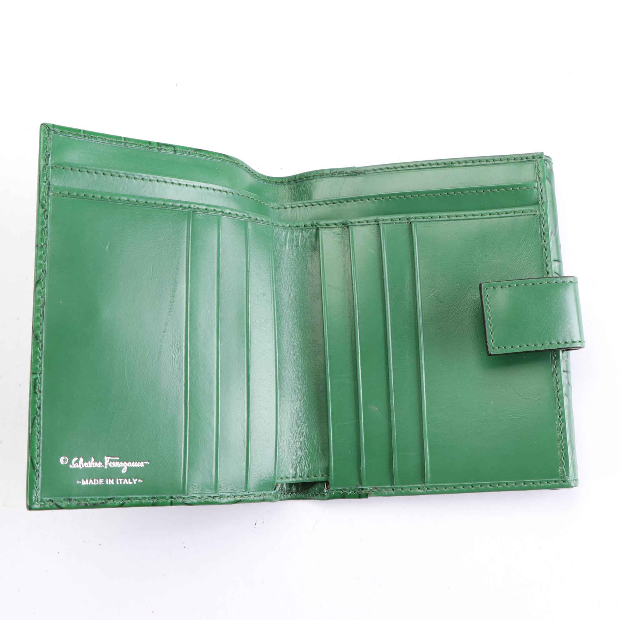 Salvatore Ferragamo Gancini Embossed Handbag and Wallet in Green Leather