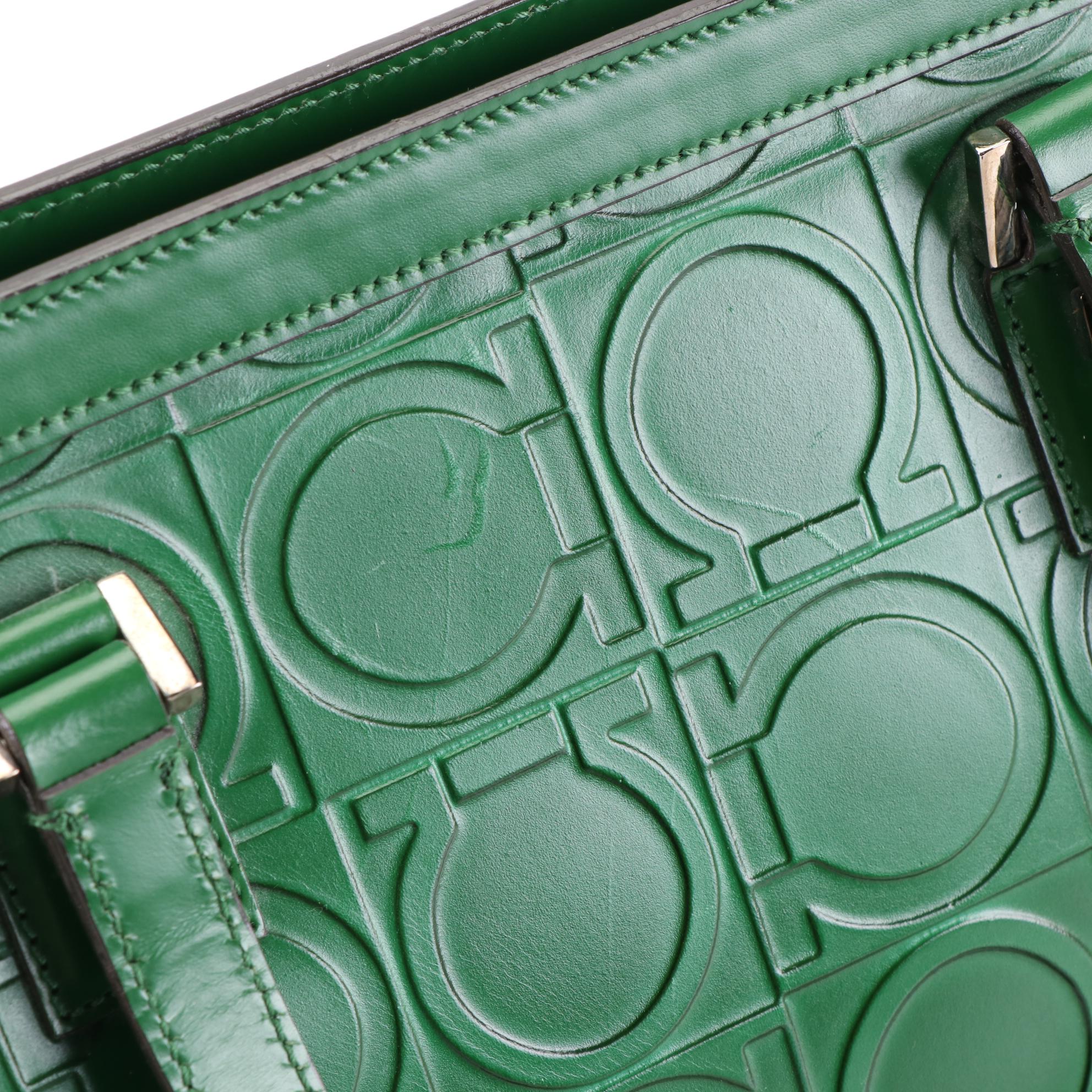 Salvatore Ferragamo Gancini Embossed Handbag and Wallet in Green Leather