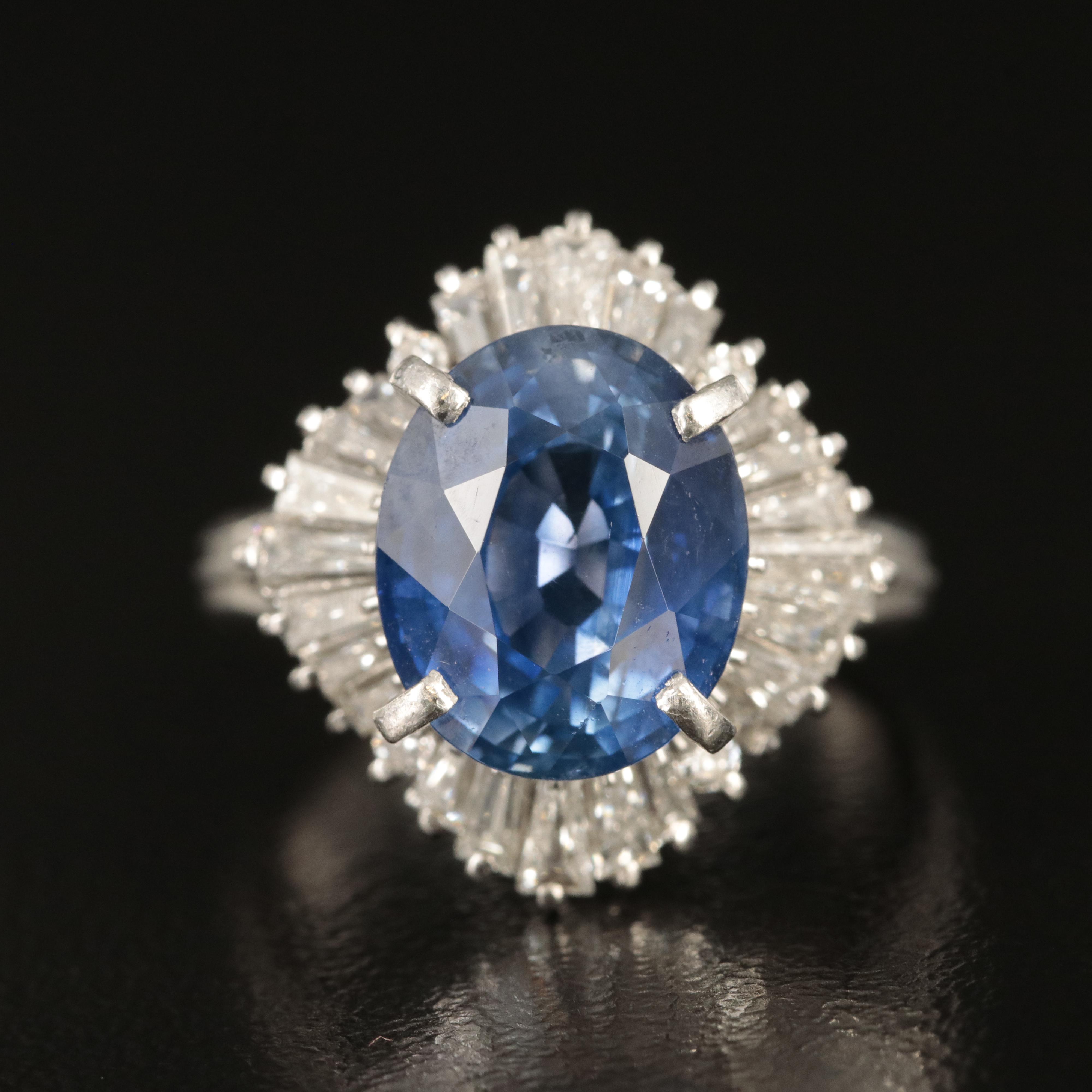 Platinum 6.01 CT Ceylon Sapphire and 1.31 CTW Diamond Ring with GIA Report