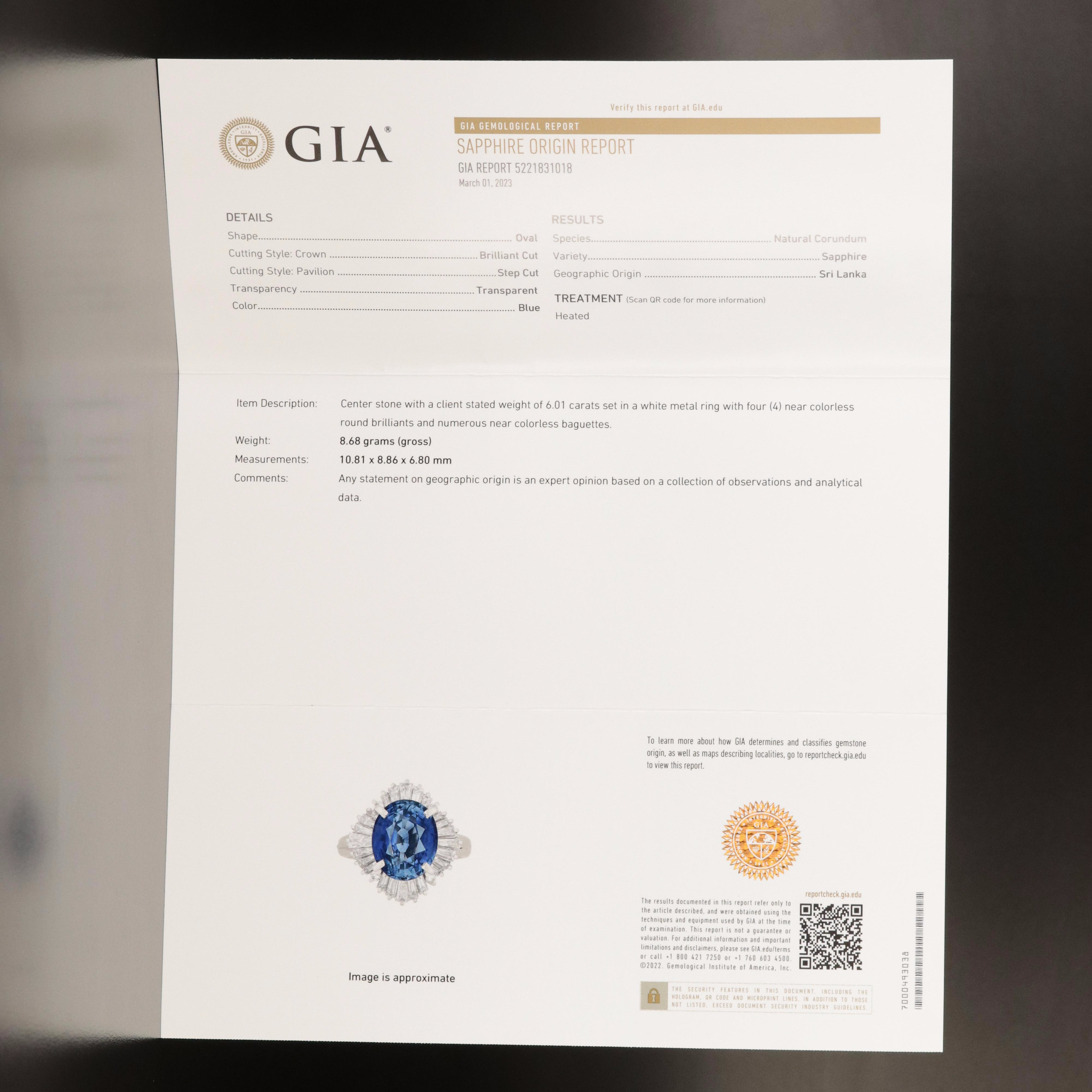 Platinum 6.01 CT Ceylon Sapphire and 1.31 CTW Diamond Ring with GIA Report