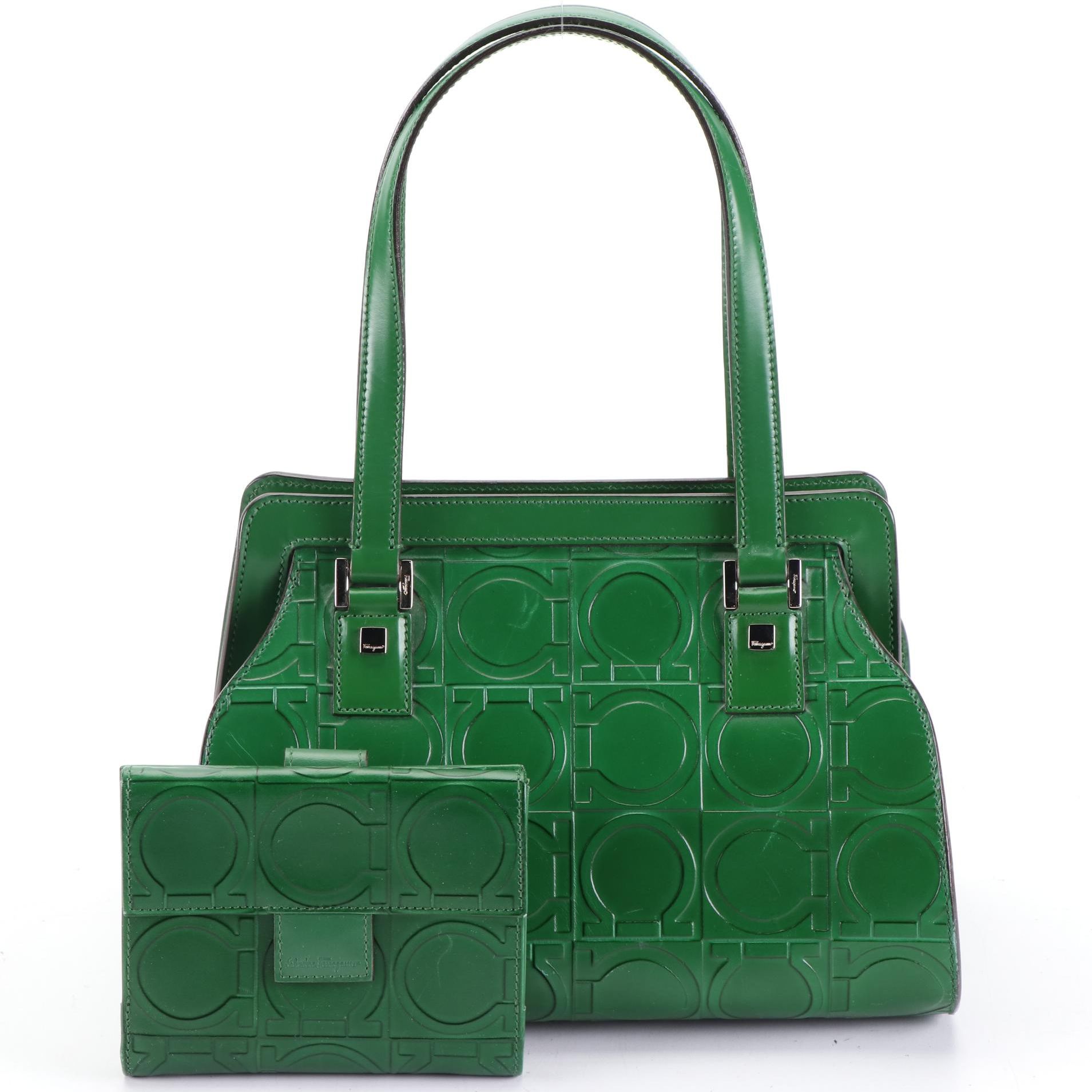 Salvatore Ferragamo Gancini Embossed Handbag and Wallet in Green Leather