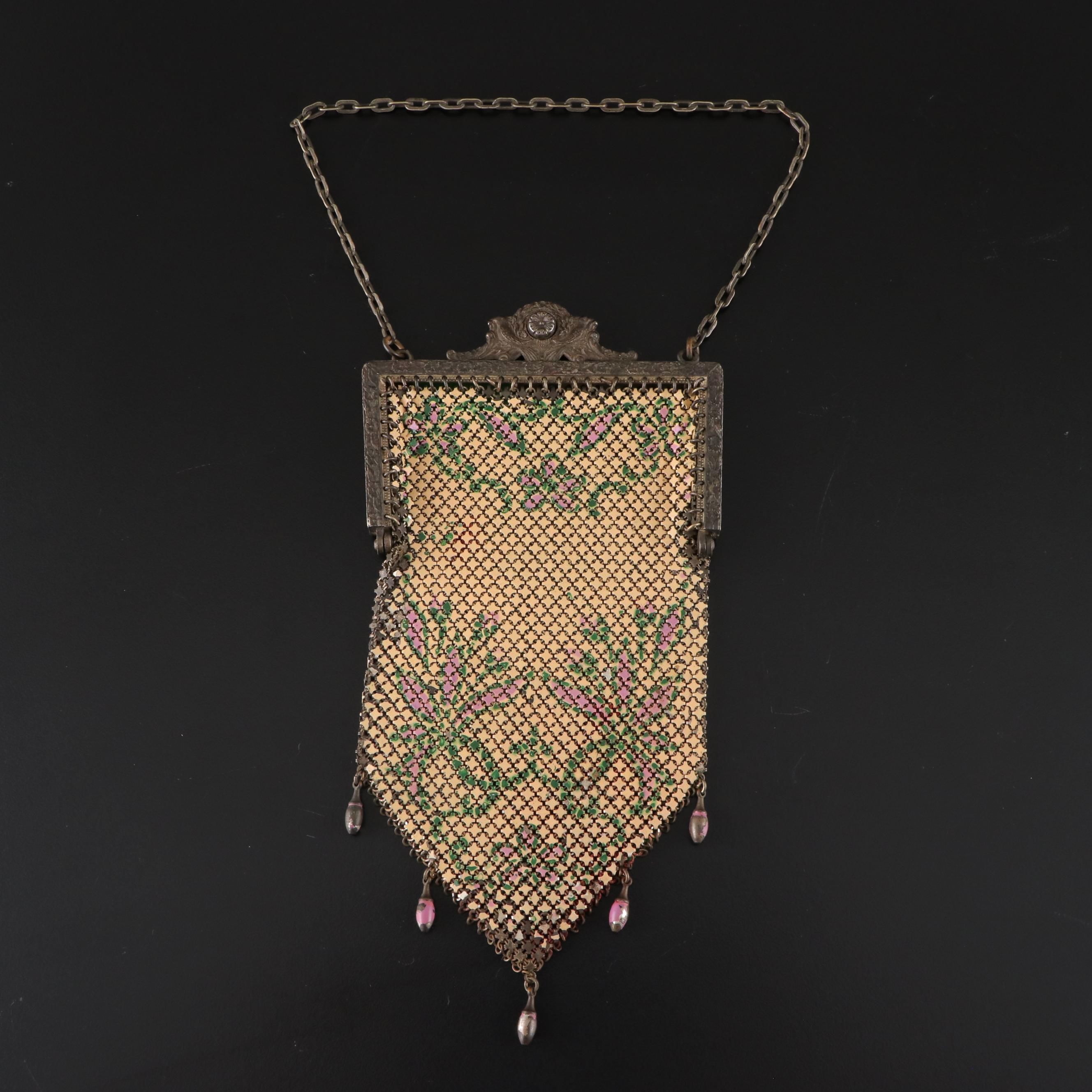 Mandalian Mfg. Co. Floral Metal and Enamel Mesh Frame Bag