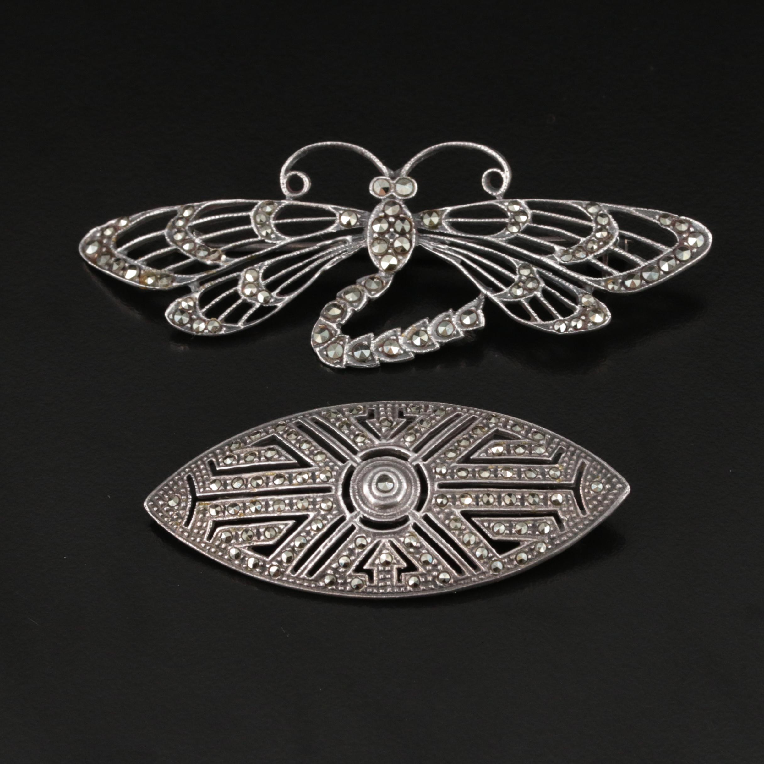 Art Deco Inspired Sterling Marcasite Navette and Dragonfly Brooches