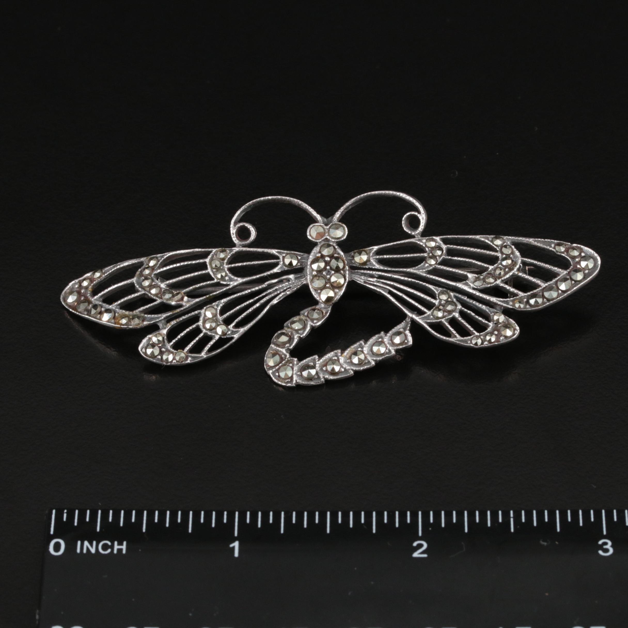 Art Deco Inspired Sterling Marcasite Navette and Dragonfly Brooches