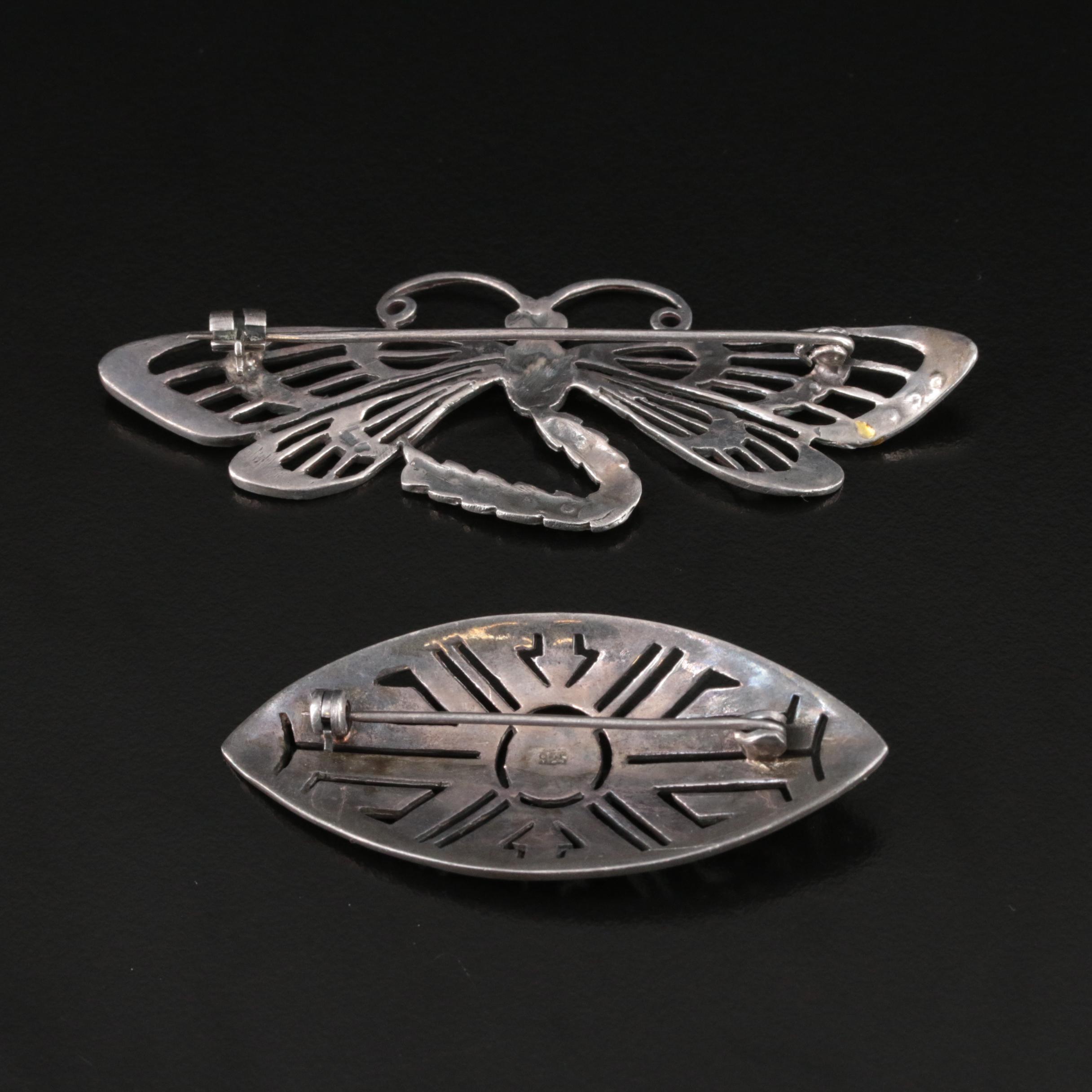 Art Deco Inspired Sterling Marcasite Navette and Dragonfly Brooches