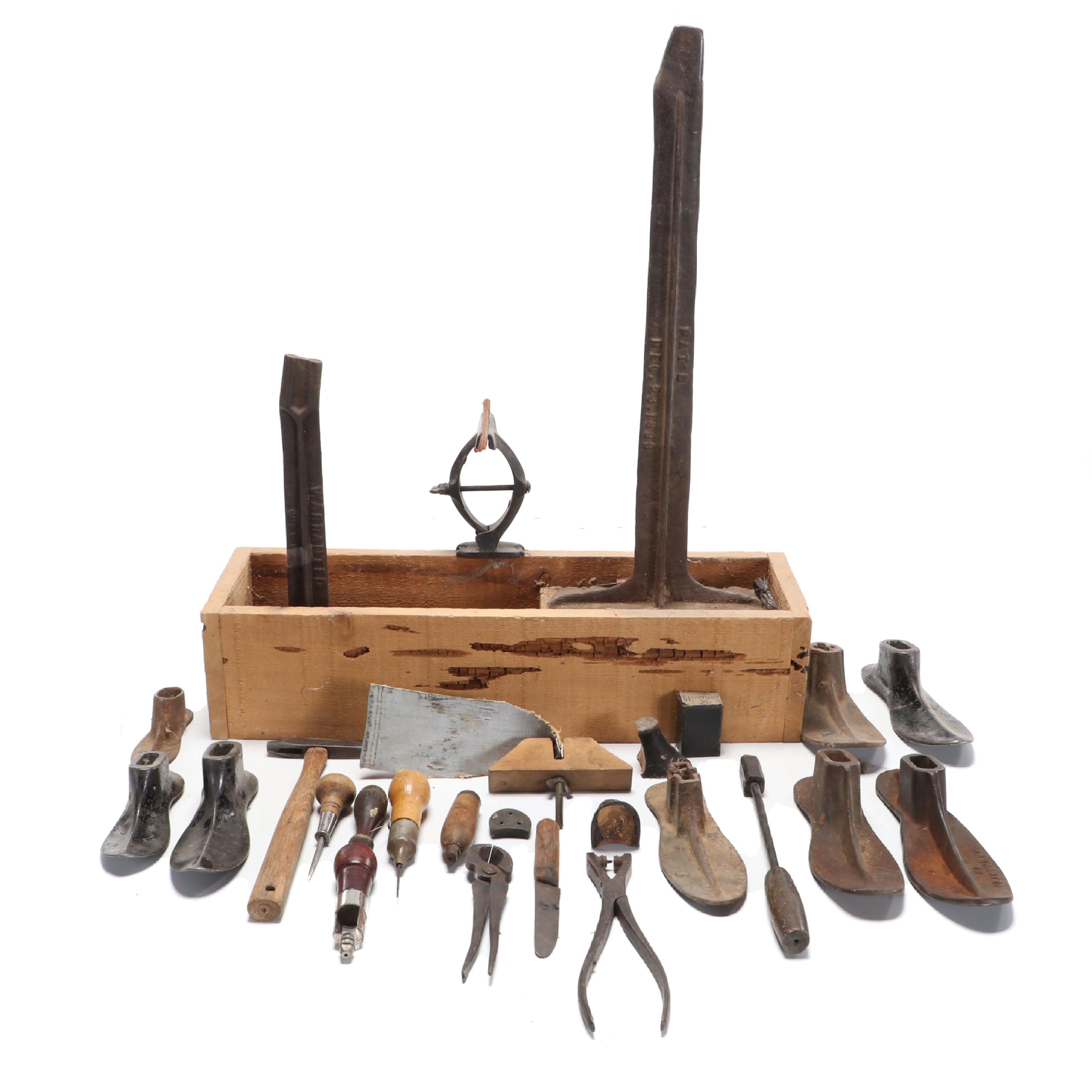 Late Victorian Cobbler's Cast Iron Shoe Forms With Assorted Hand Tools