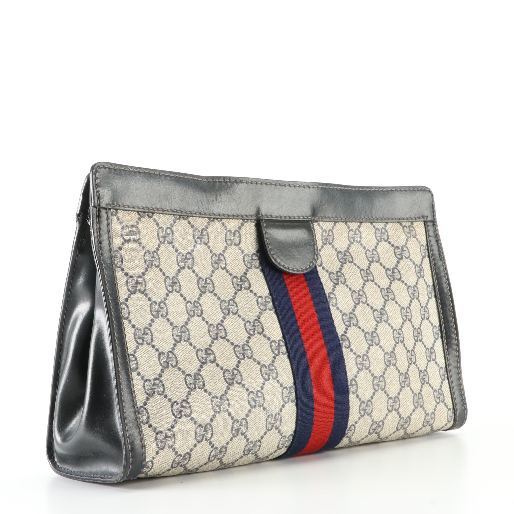 Gucci Parfums Clutch in Navy GG Supreme Canvas and Leather with Web Stripe