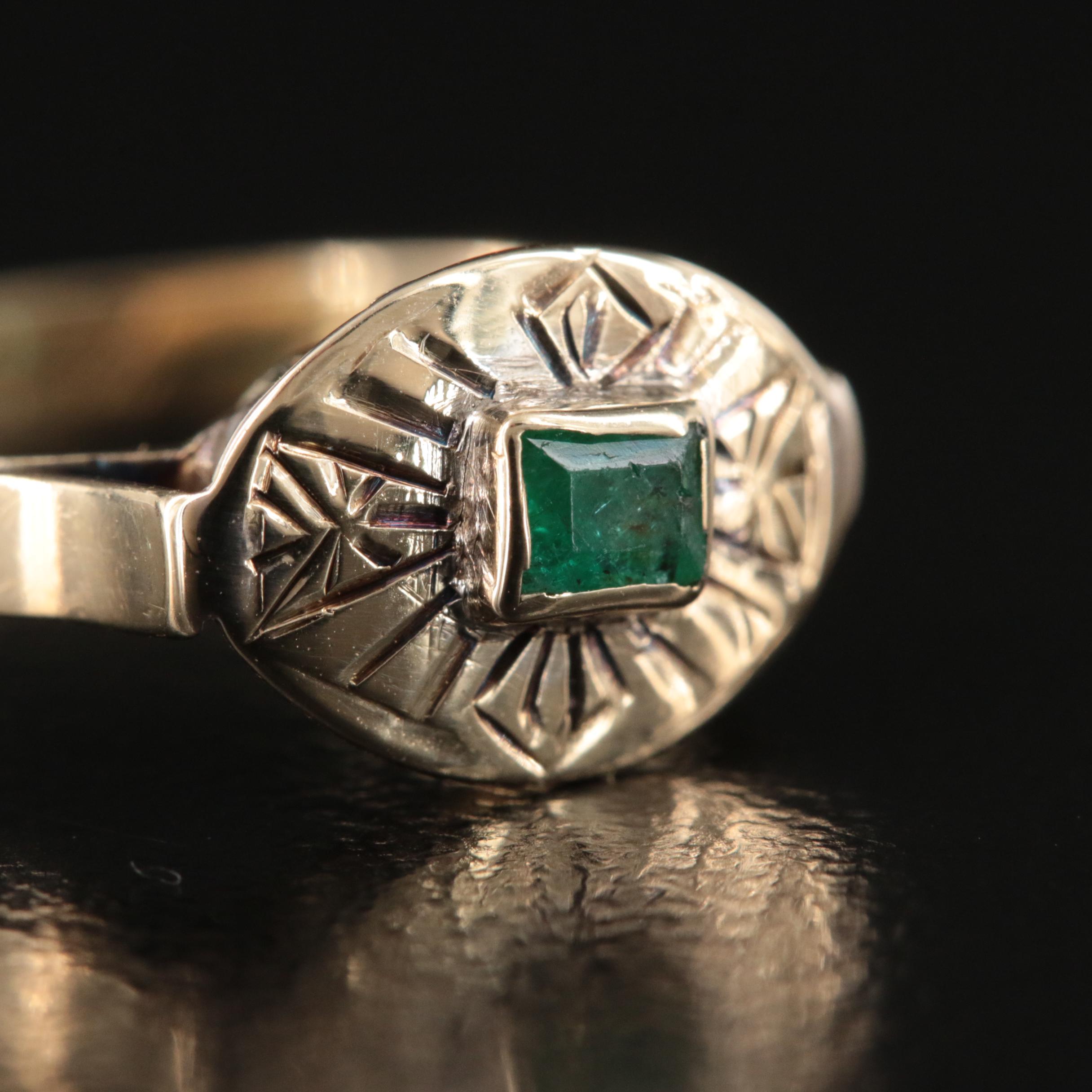 Antique 10K Emerald Ring with Engraved Details