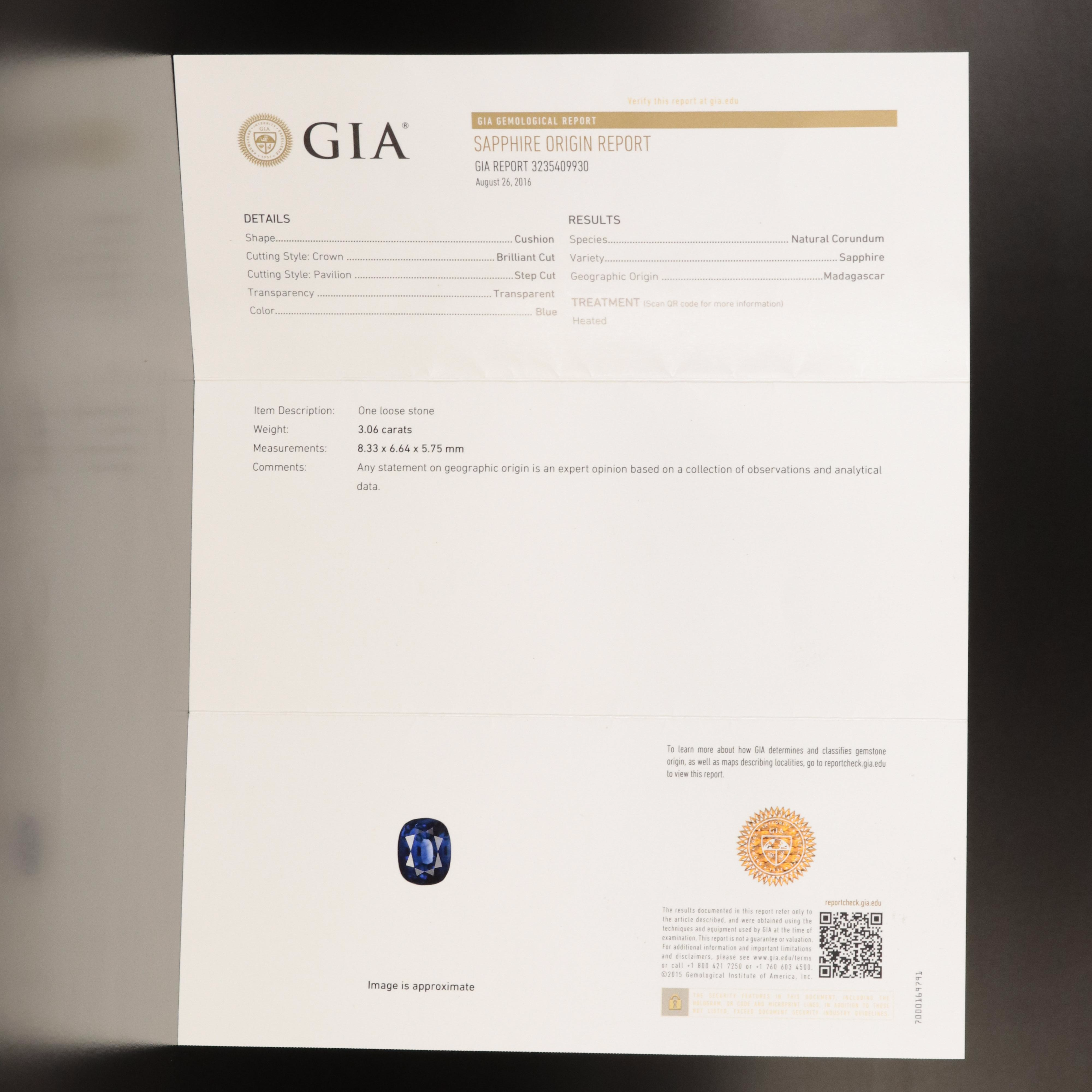 Platinum 3.06 CT Madagascan Sapphire and 1.08 CTW Diamond Ring with GIA Report