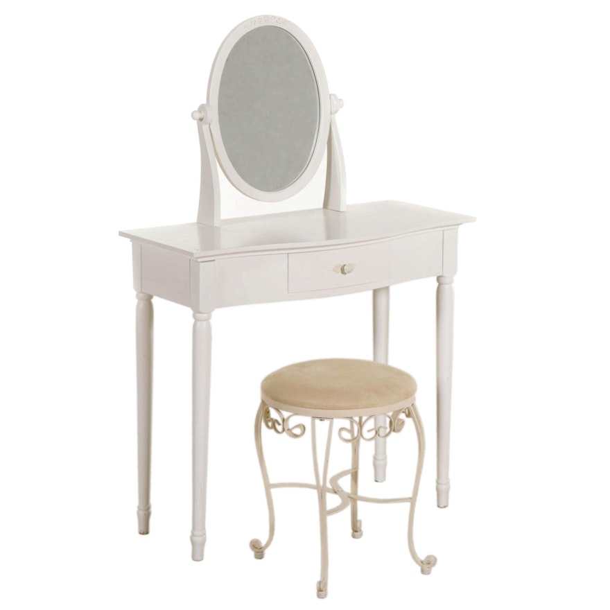 Gustavian Style White-Painted Vanity Table with Scrolled Metal Vanity Seat