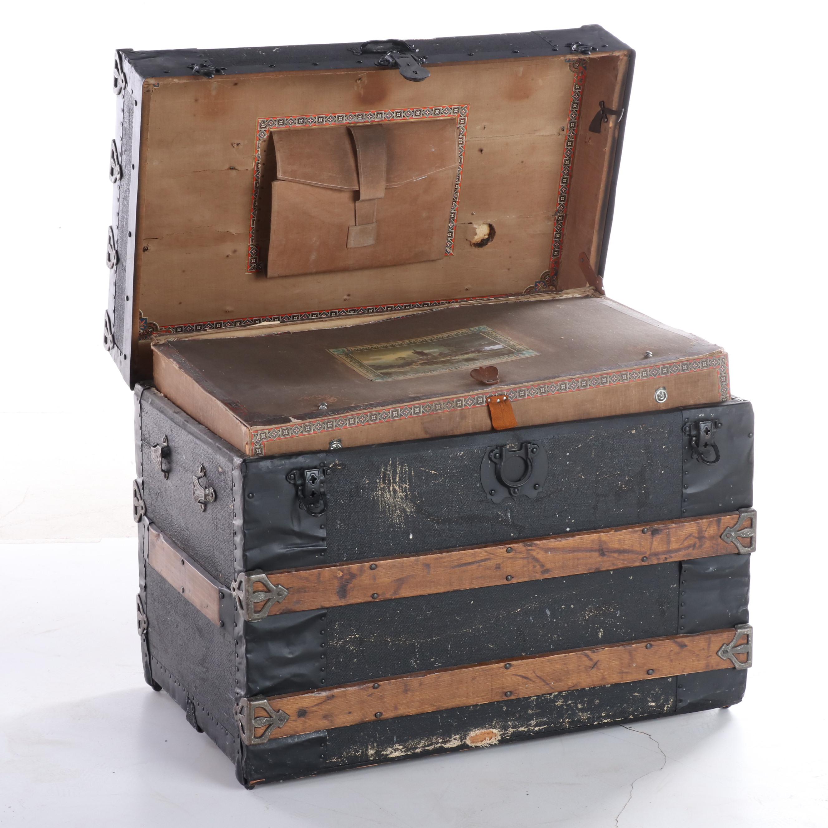 Late Victorian Canvas-Lined, Metal-Bound, & Slatted Wood Flat-Top Steamer Trunk