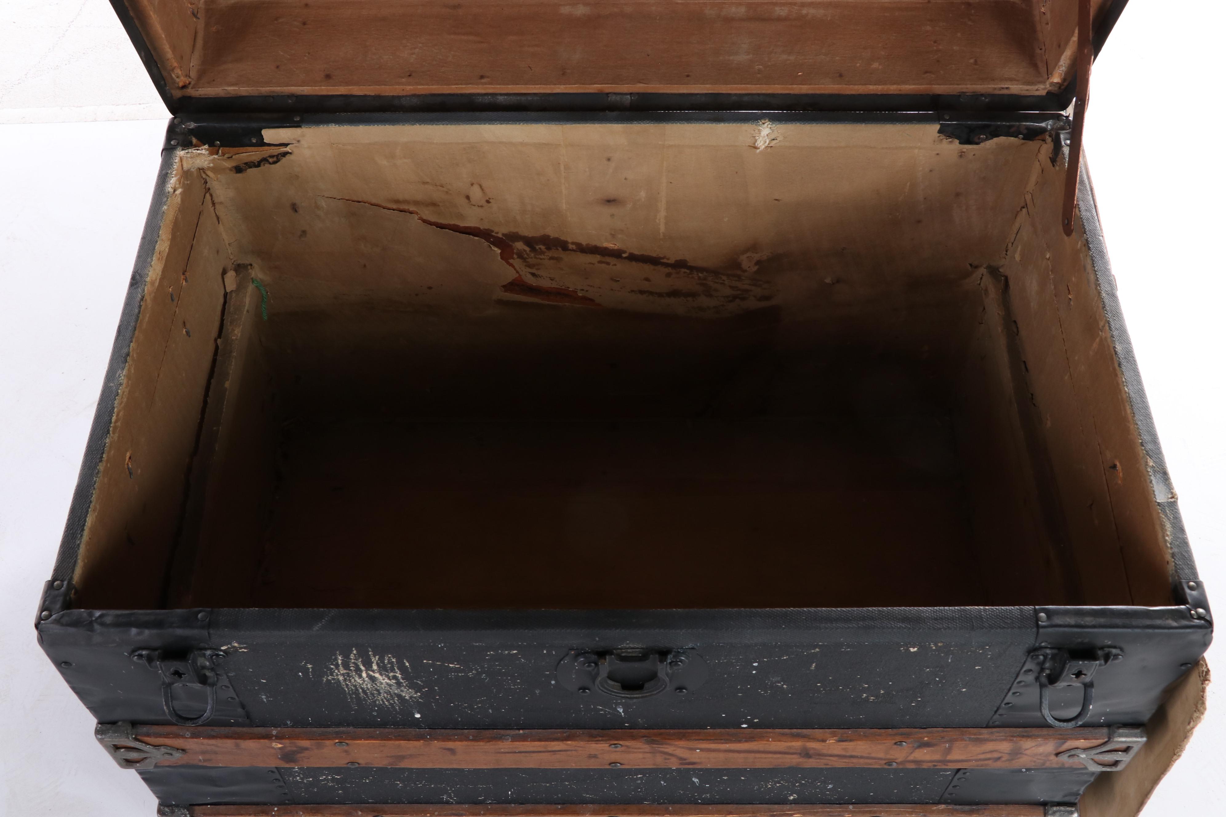 Late Victorian Canvas-Lined, Metal-Bound, & Slatted Wood Flat-Top Steamer Trunk