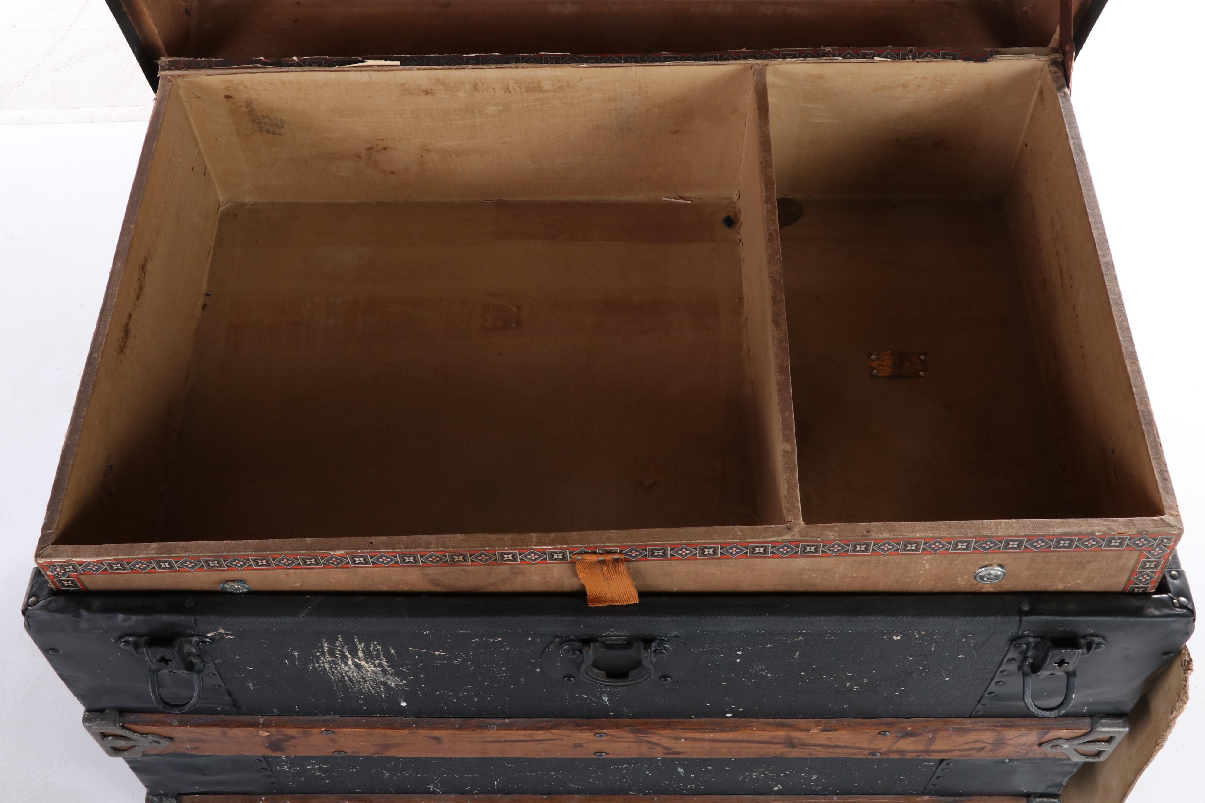 Late Victorian Canvas-Lined, Metal-Bound, & Slatted Wood Flat-Top Steamer Trunk