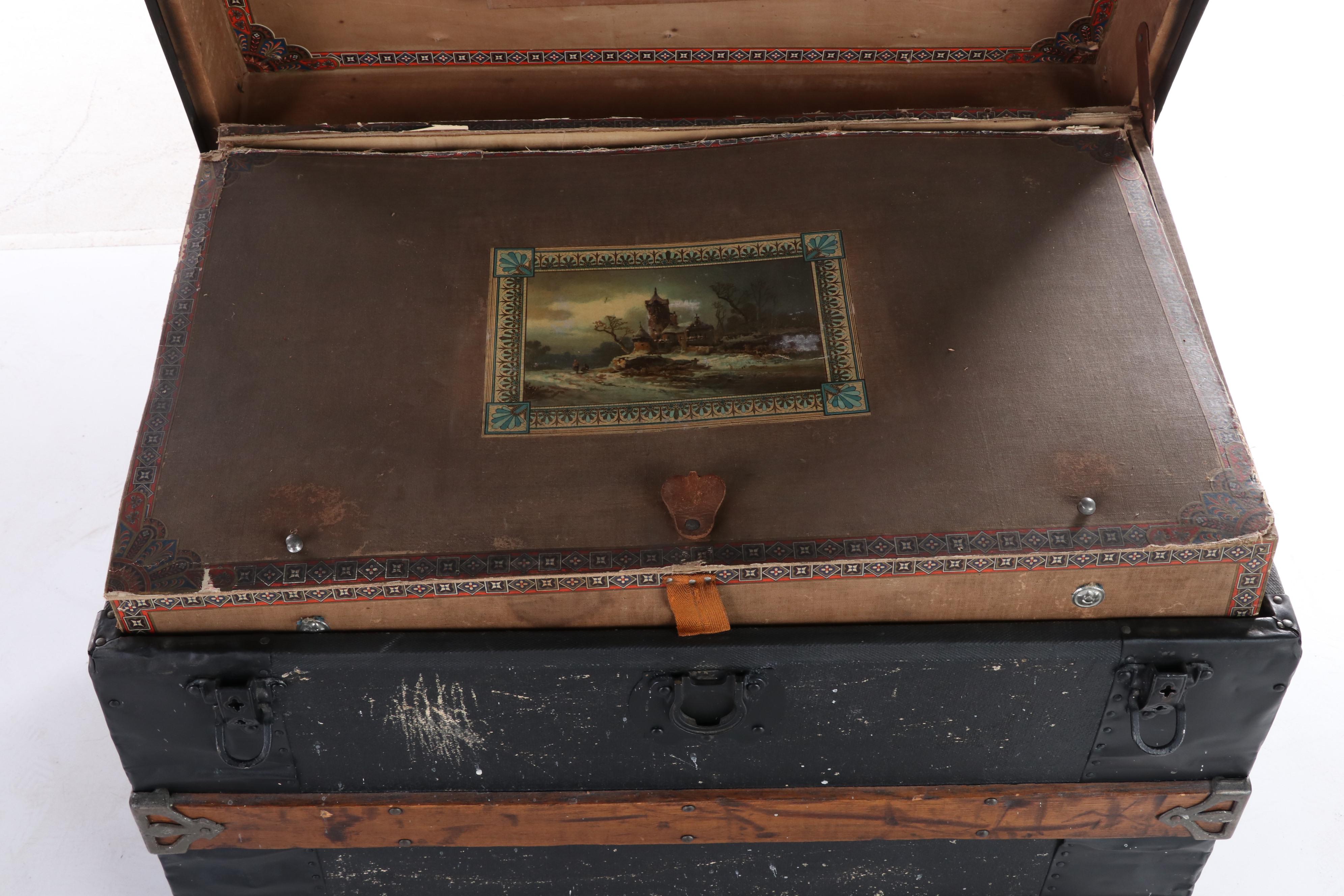 Late Victorian Canvas-Lined, Metal-Bound, & Slatted Wood Flat-Top Steamer Trunk