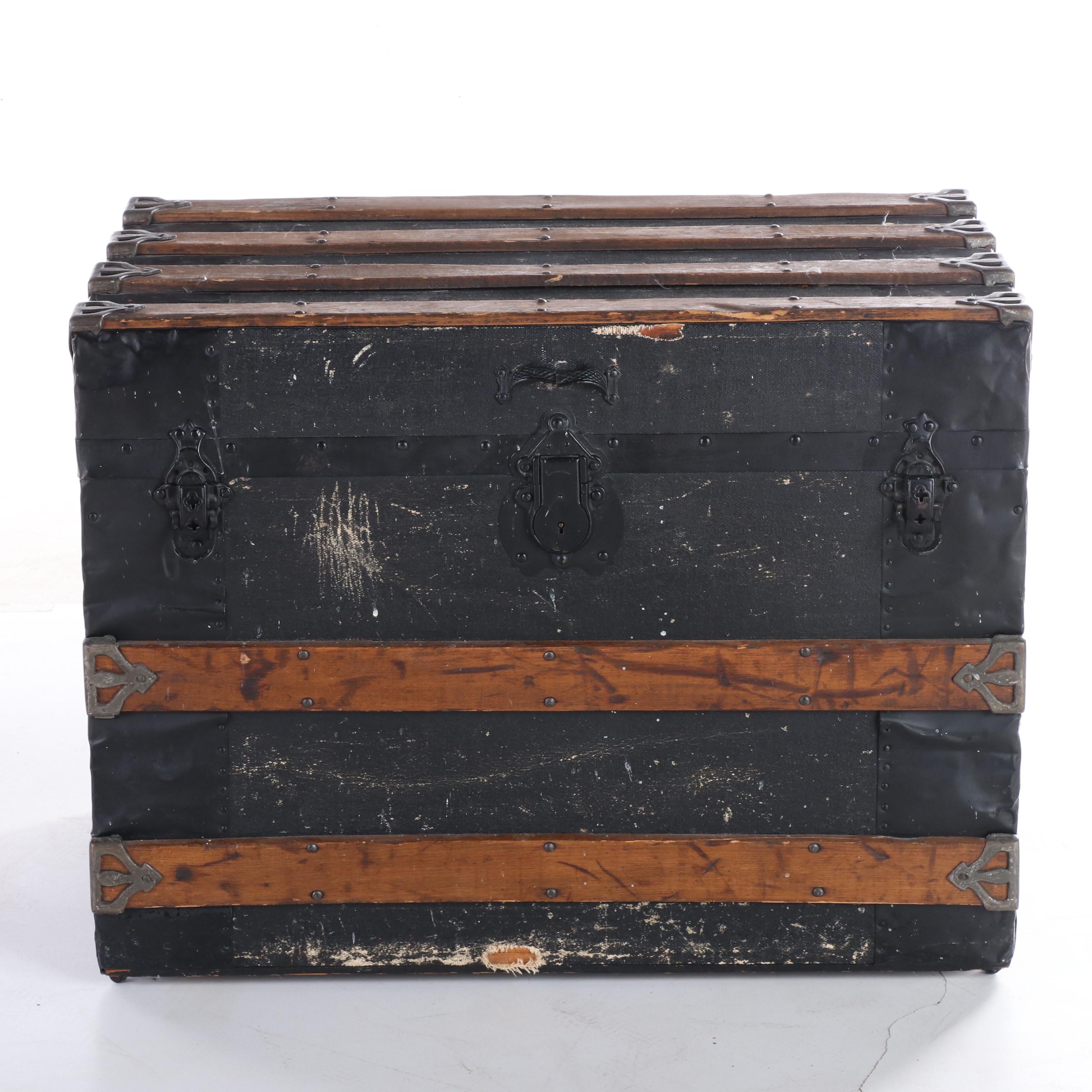 Late Victorian Canvas-Lined, Metal-Bound, & Slatted Wood Flat-Top Steamer Trunk