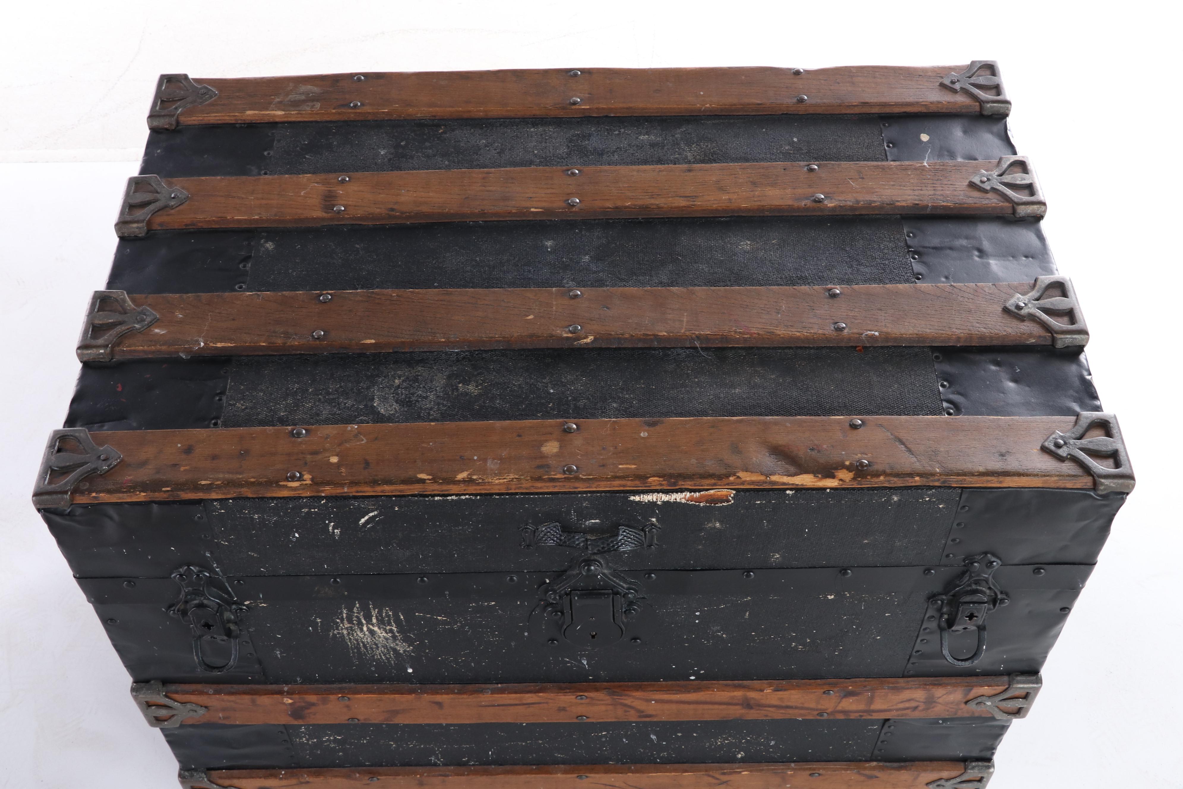 Late Victorian Canvas-Lined, Metal-Bound, & Slatted Wood Flat-Top Steamer Trunk