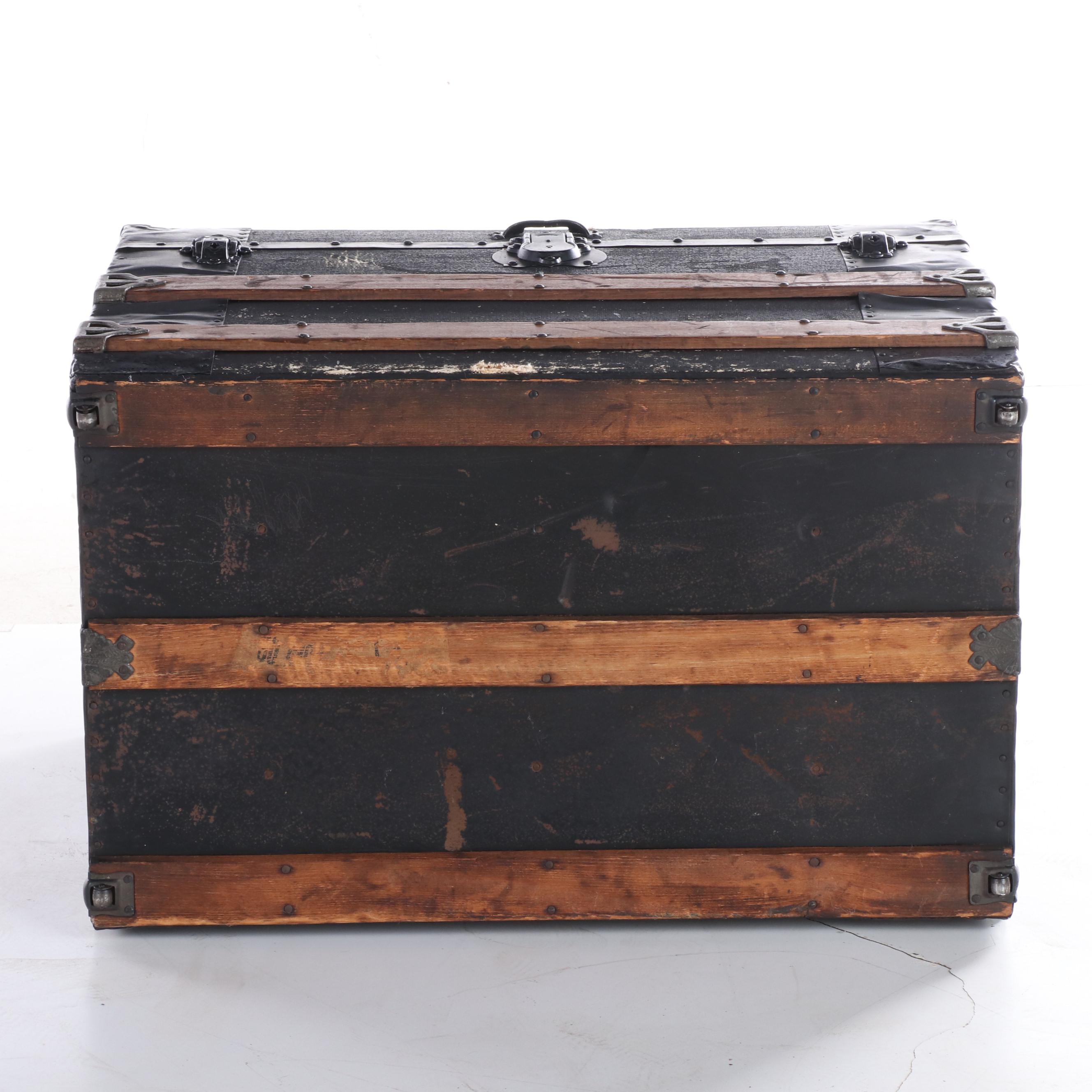 Late Victorian Canvas-Lined, Metal-Bound, & Slatted Wood Flat-Top Steamer Trunk