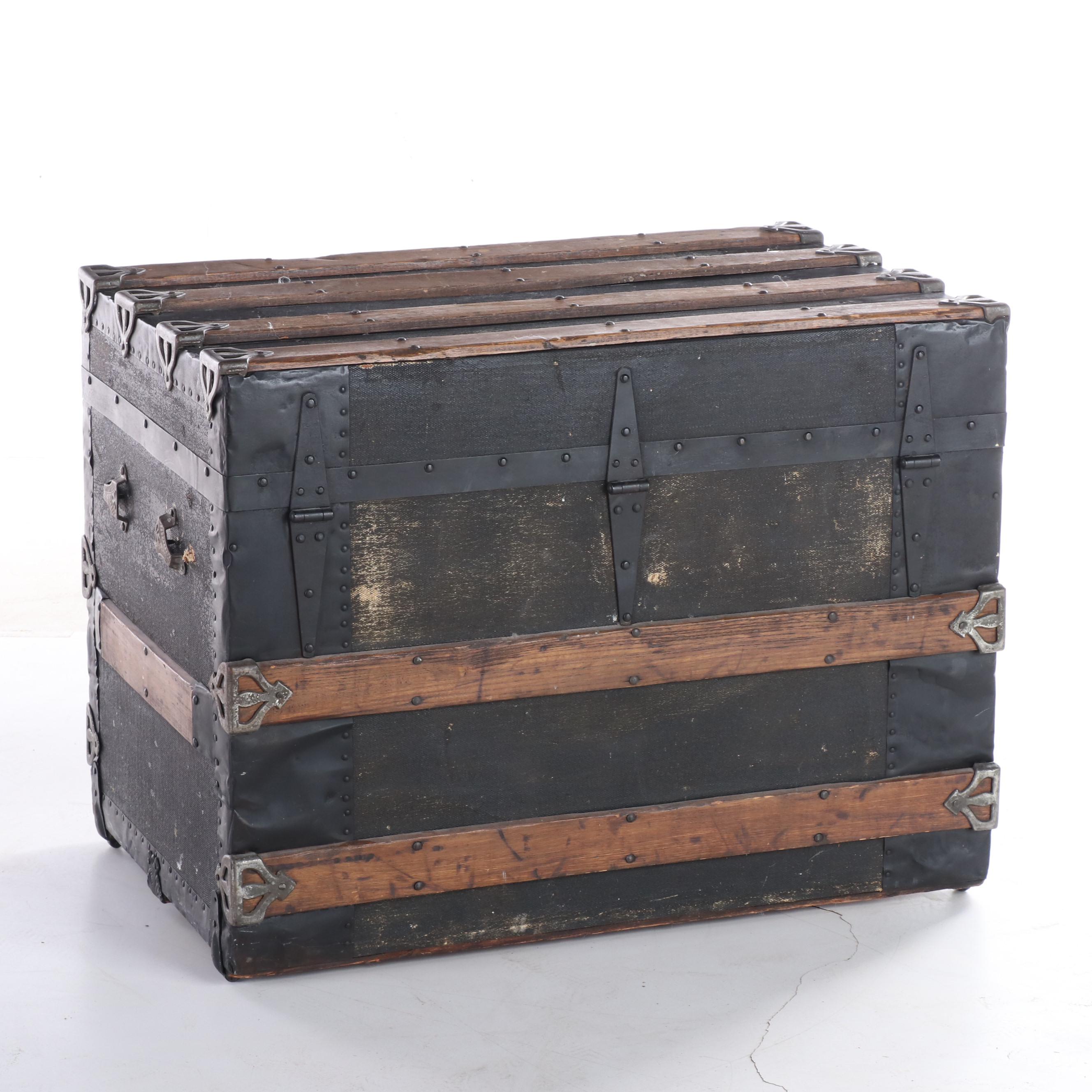 Late Victorian Canvas-Lined, Metal-Bound, & Slatted Wood Flat-Top Steamer Trunk