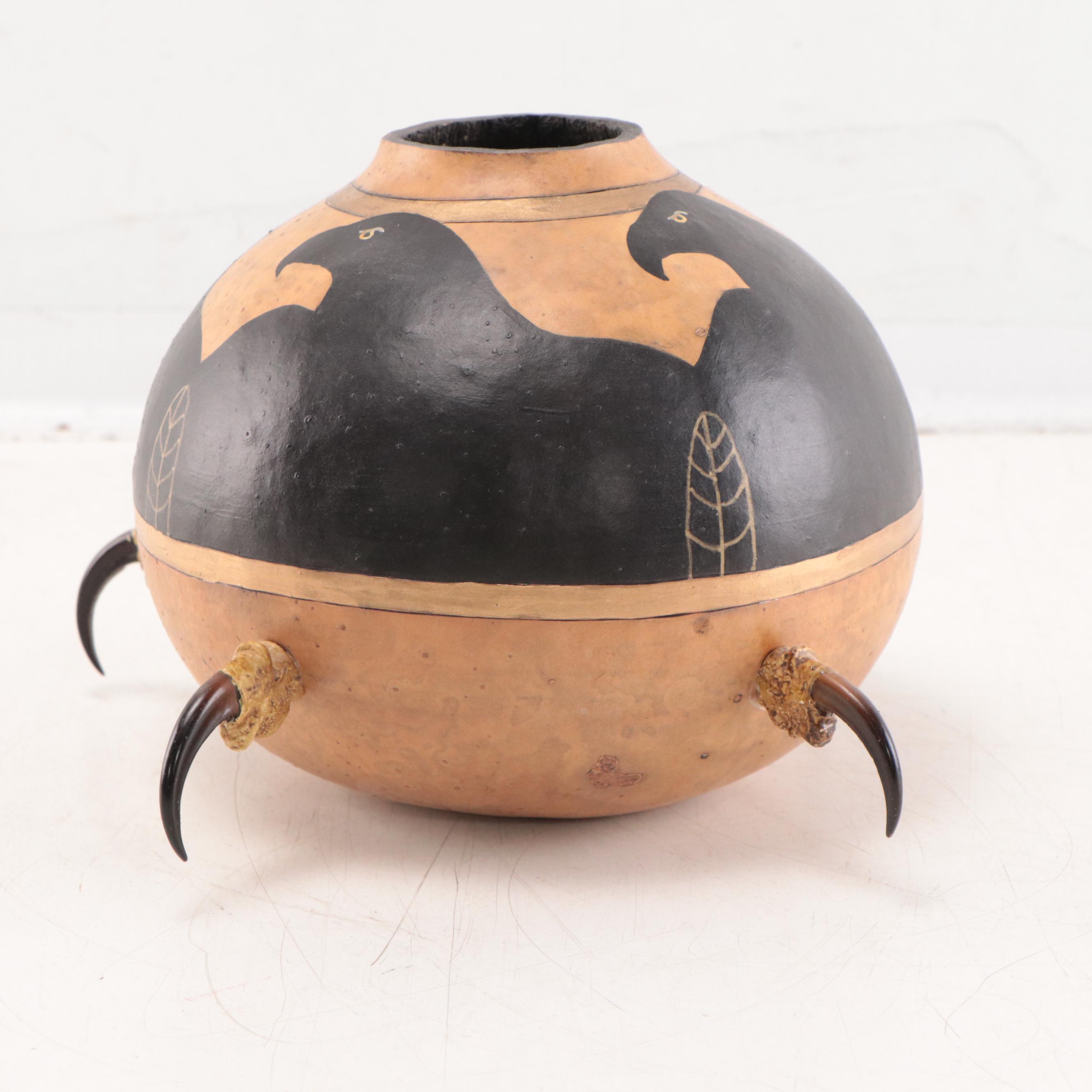 Hand-Painted Carved Gourd Vessel "Eagle," Late 20th Century