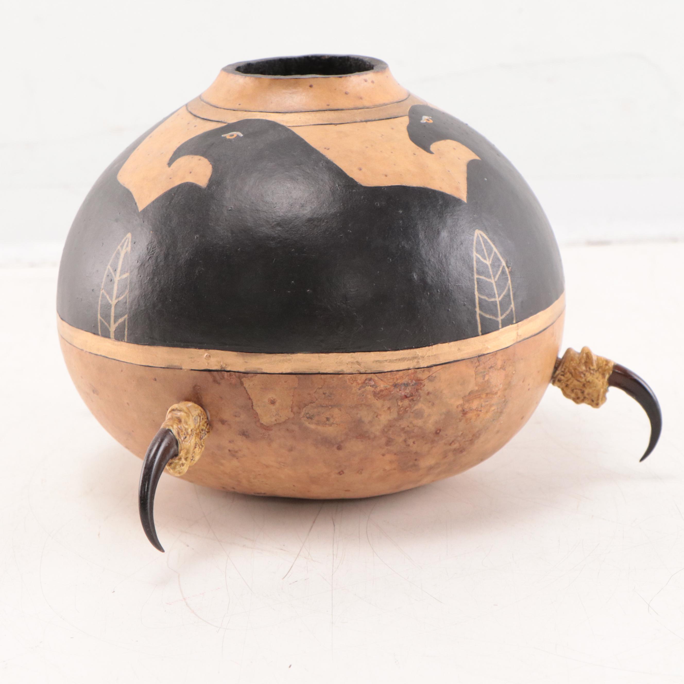 Hand-Painted Carved Gourd Vessel "Eagle," Late 20th Century