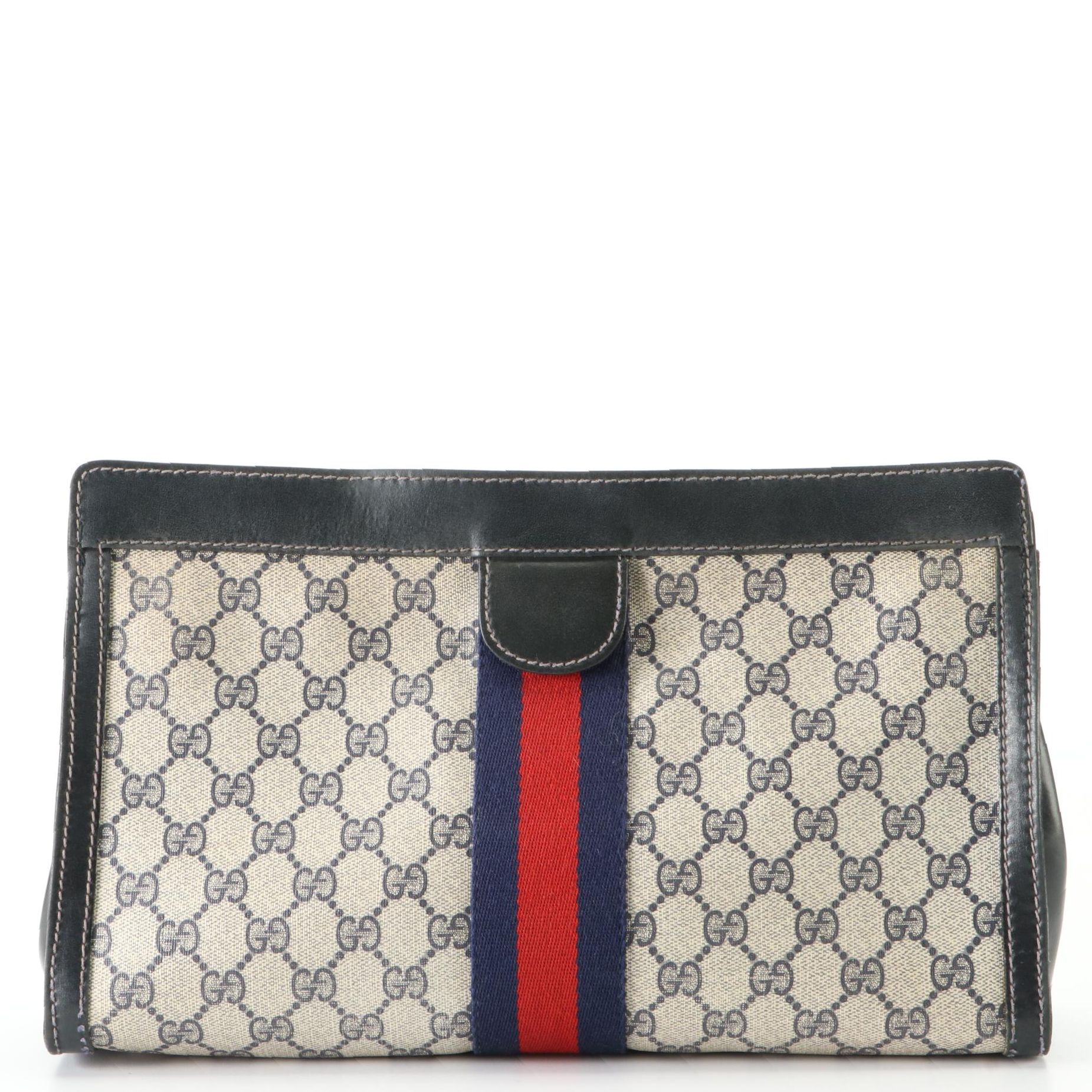 Gucci Parfums Clutch in Navy GG Supreme Canvas and Leather with Web Stripe