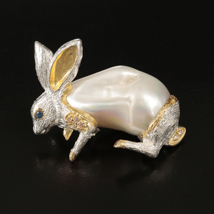 Sterling Baroque Pearl and Sapphire Bunny Brooch