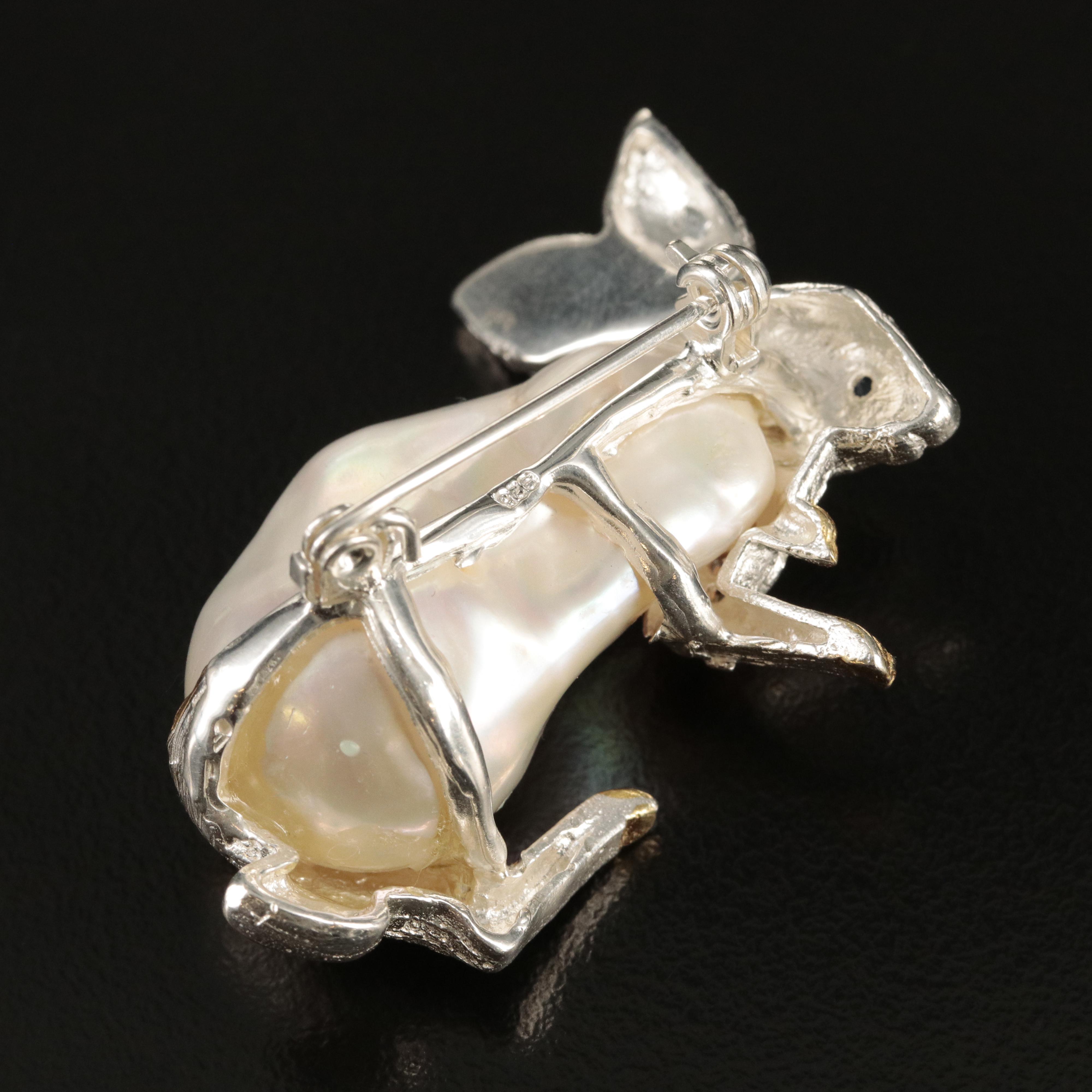 Sterling Baroque Pearl and Sapphire Bunny Brooch