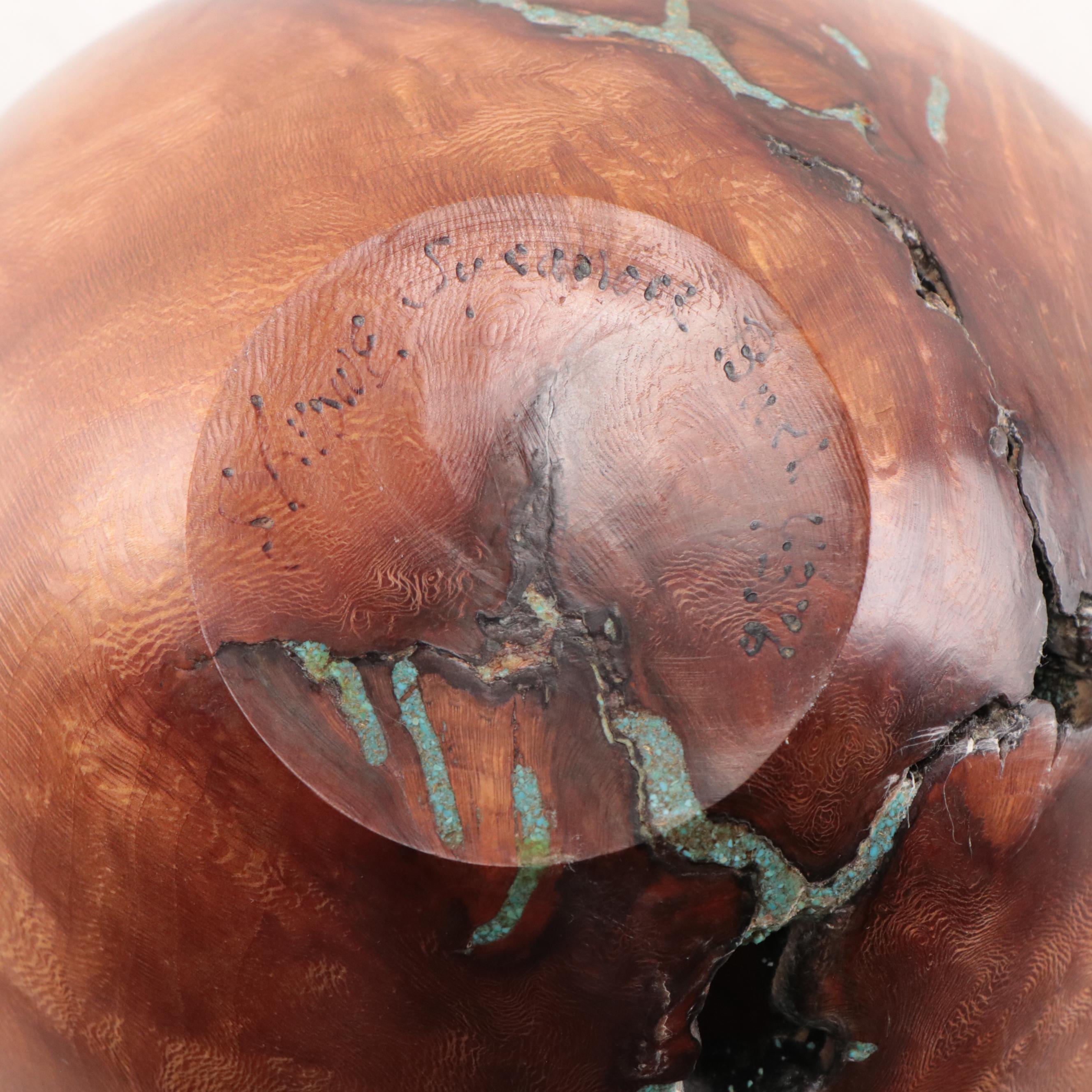 Jerry Crowe Hand-Carved Wood Sculpture With Turquoise Inlay, Late 20th Century