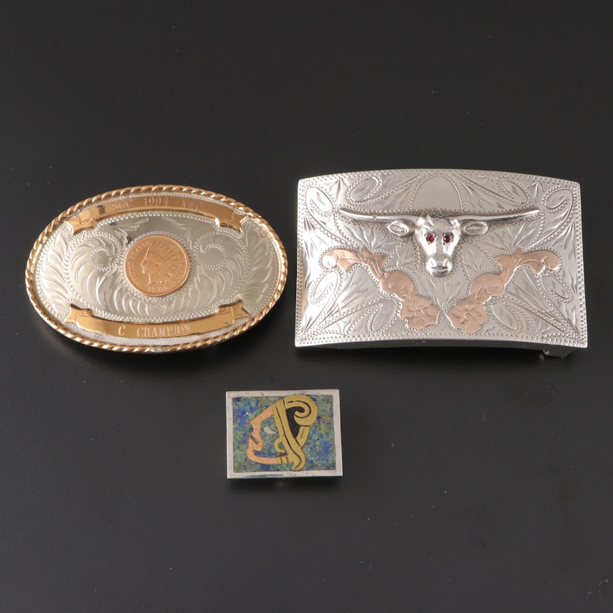 Sterling Silver and Metal Inlay Pillbox and Longhorn Buckle with Other Buckle