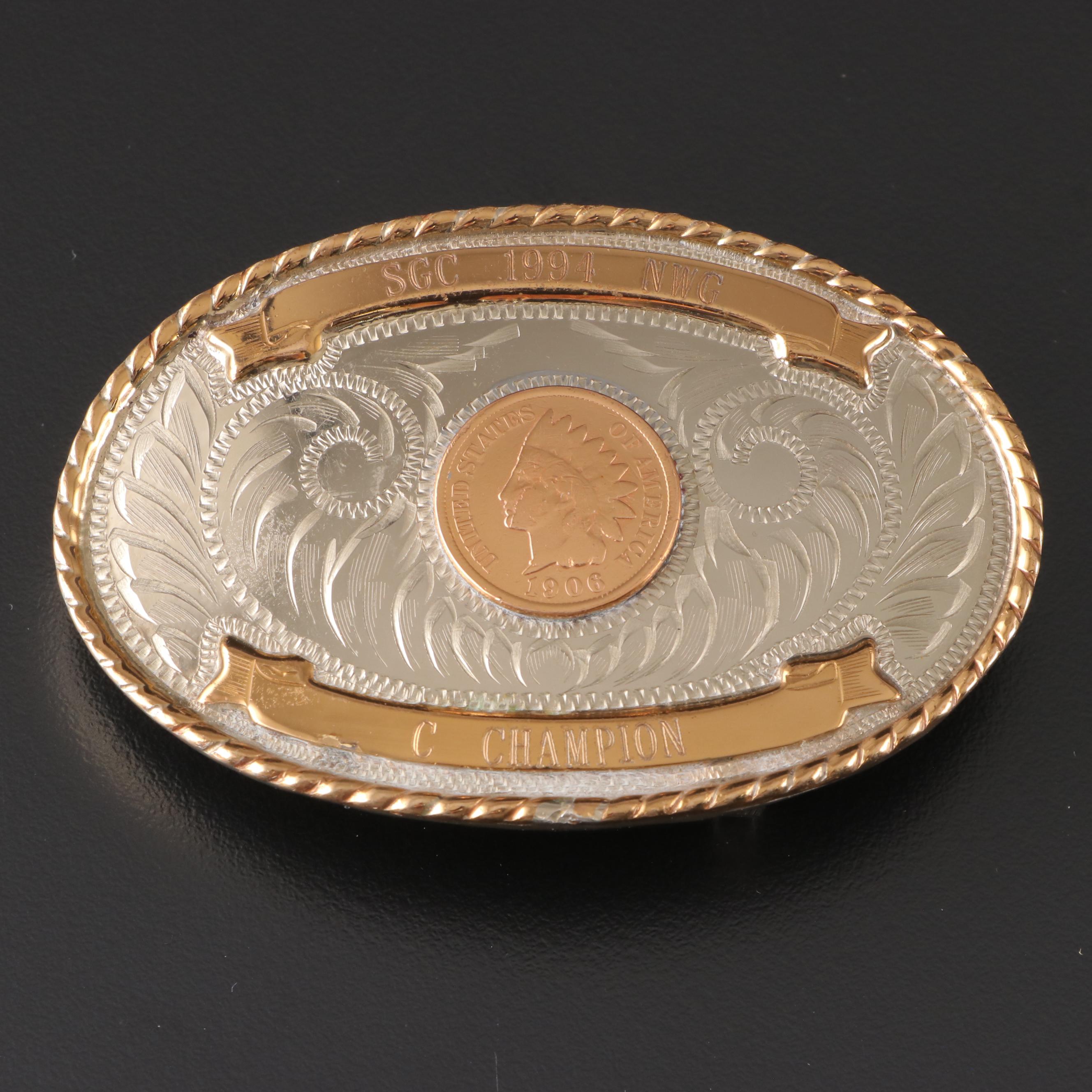 Sterling Silver and Metal Inlay Pillbox and Longhorn Buckle with Other Buckle