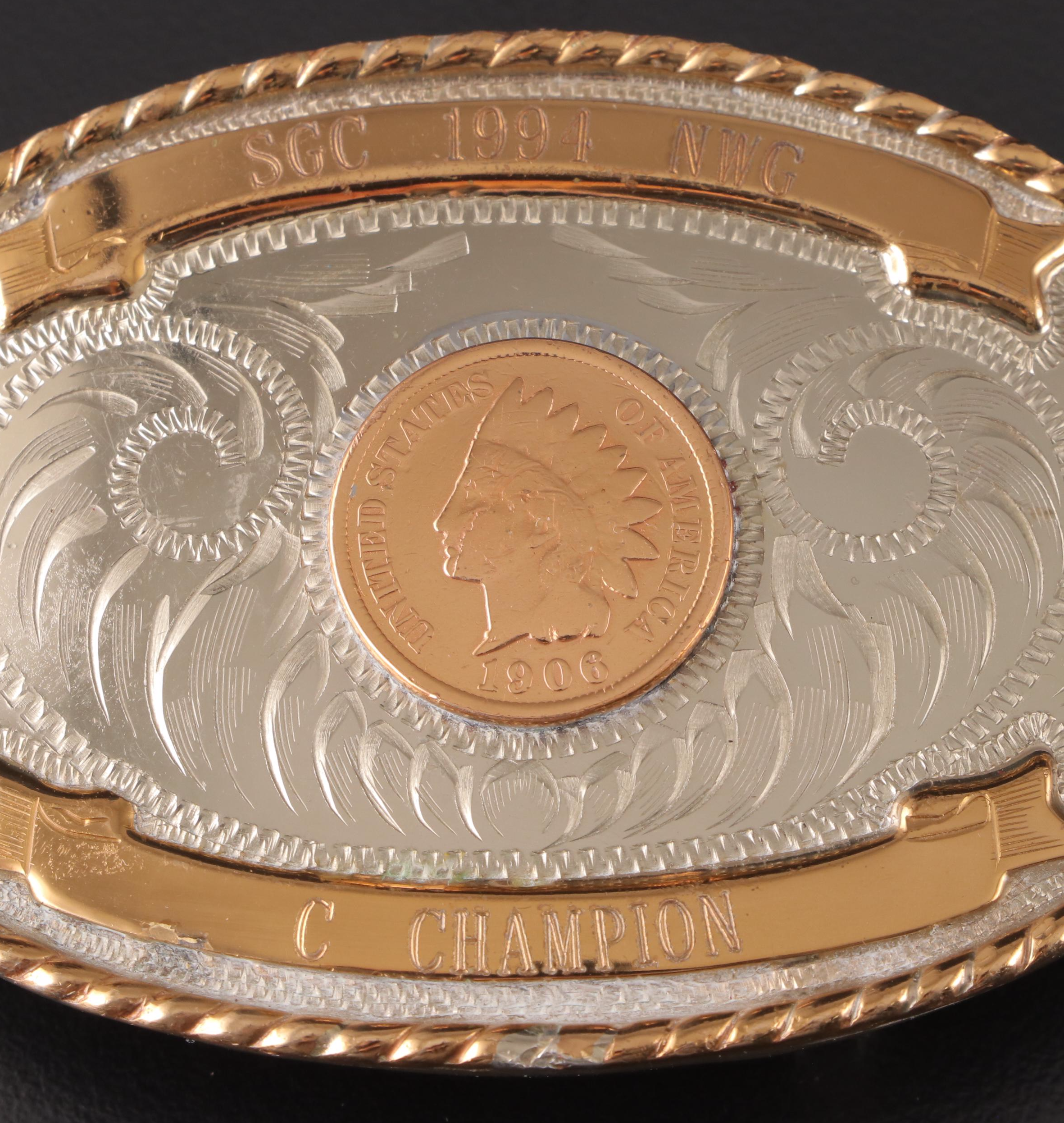 Sterling Silver and Metal Inlay Pillbox and Longhorn Buckle with Other Buckle