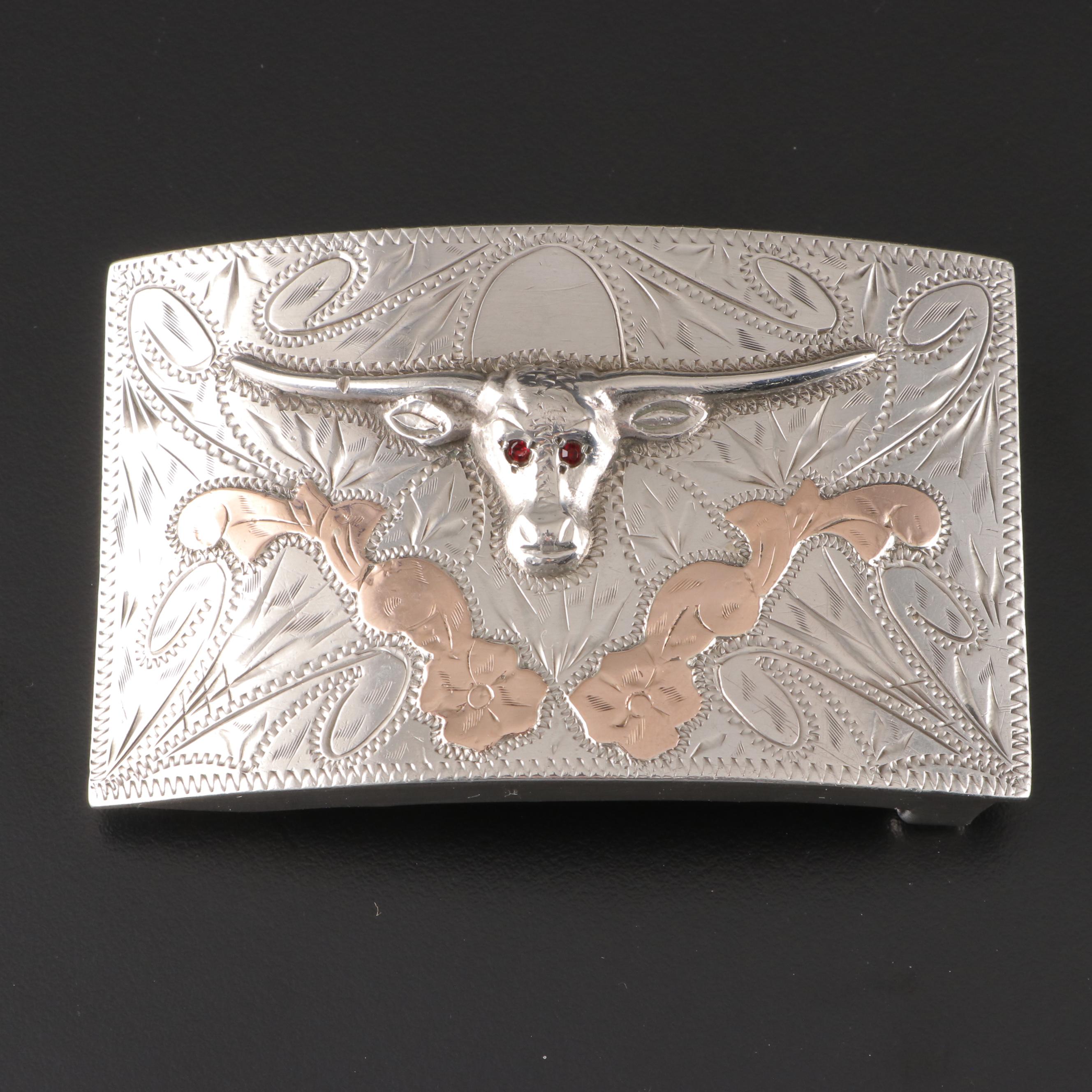 Sterling Silver and Metal Inlay Pillbox and Longhorn Buckle with Other Buckle