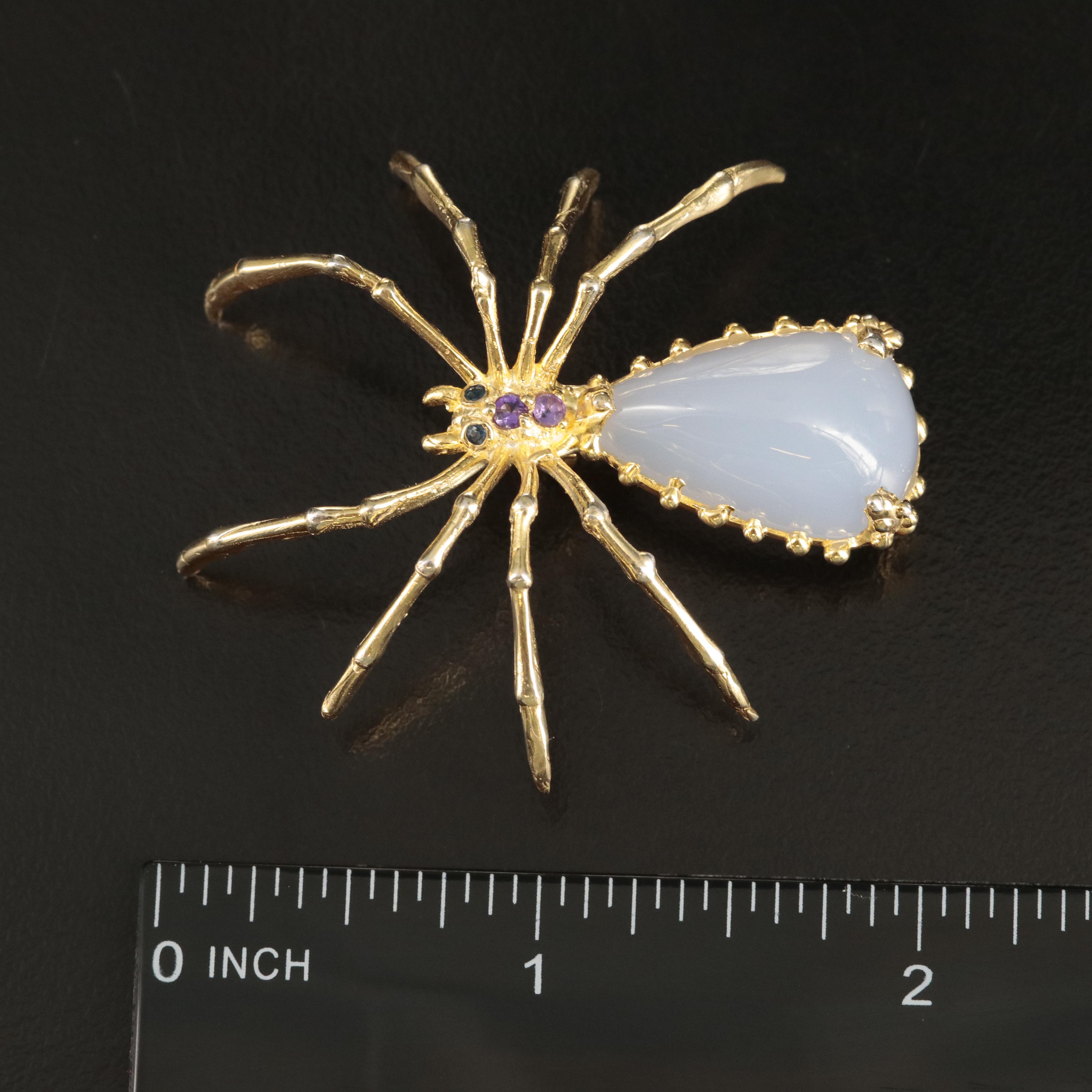 Sterling Chalcedony, Amethyst and Sapphire Spider Brooch