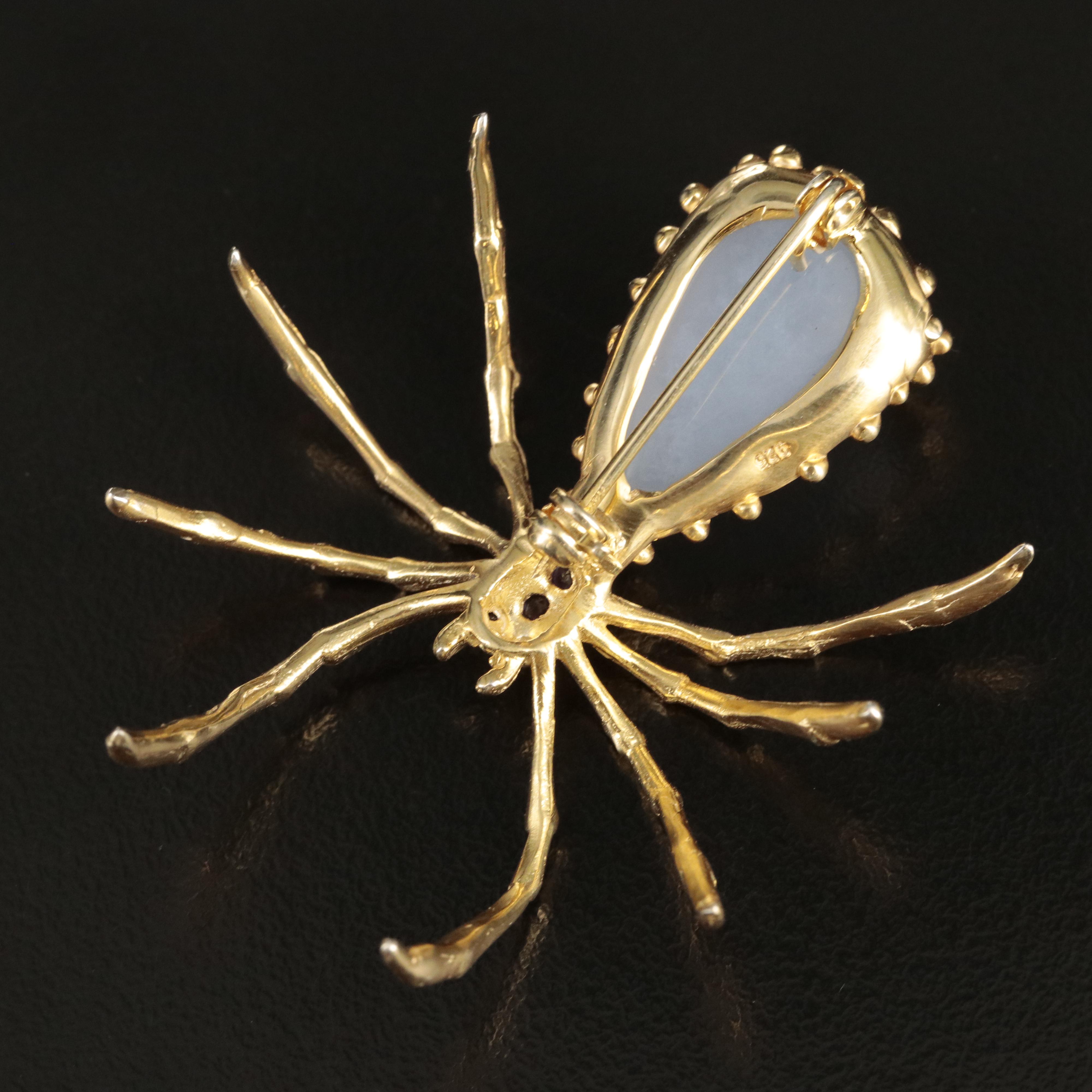 Sterling Chalcedony, Amethyst and Sapphire Spider Brooch