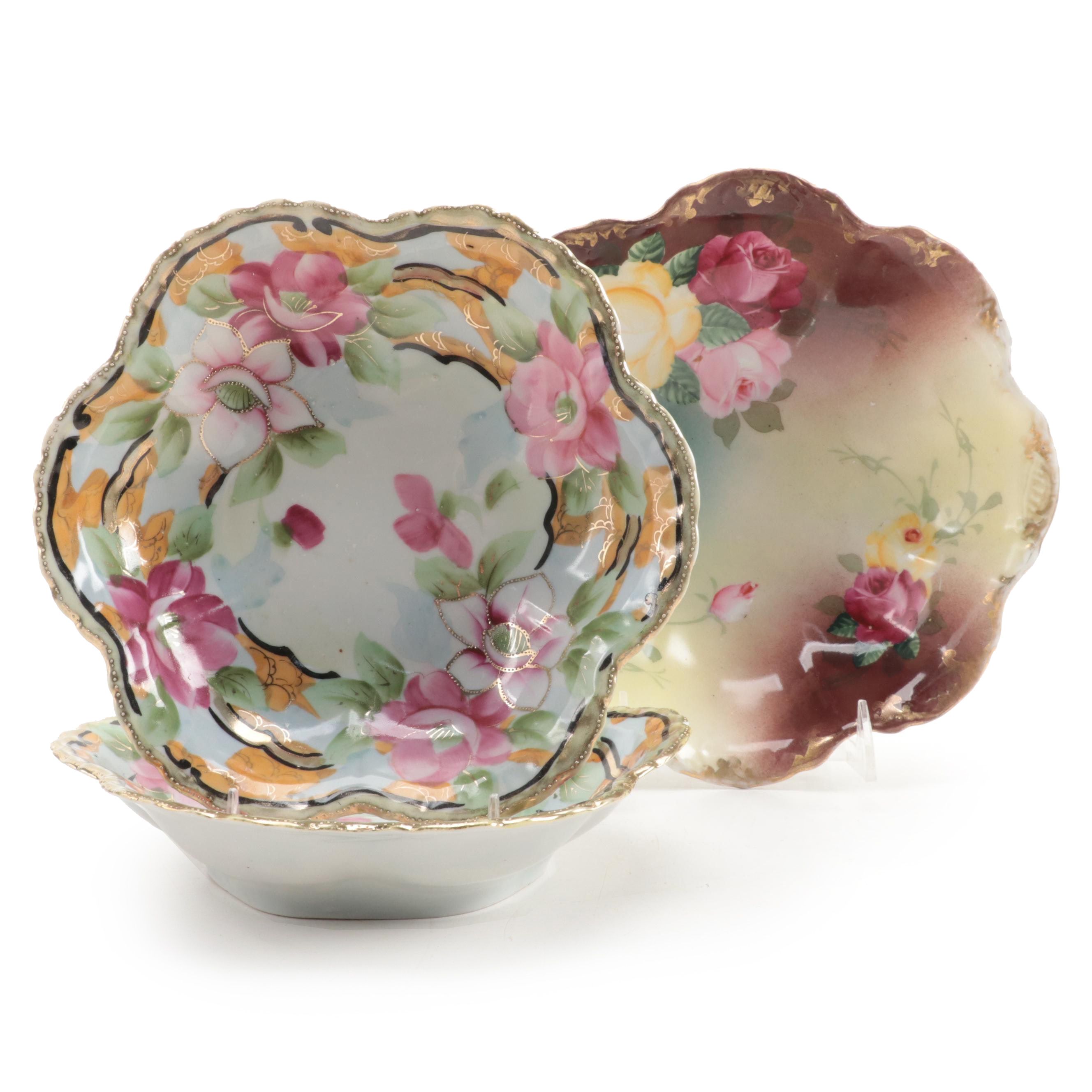 Royal Kinran and Other Nippon Floral Painted Porcelain Bowls