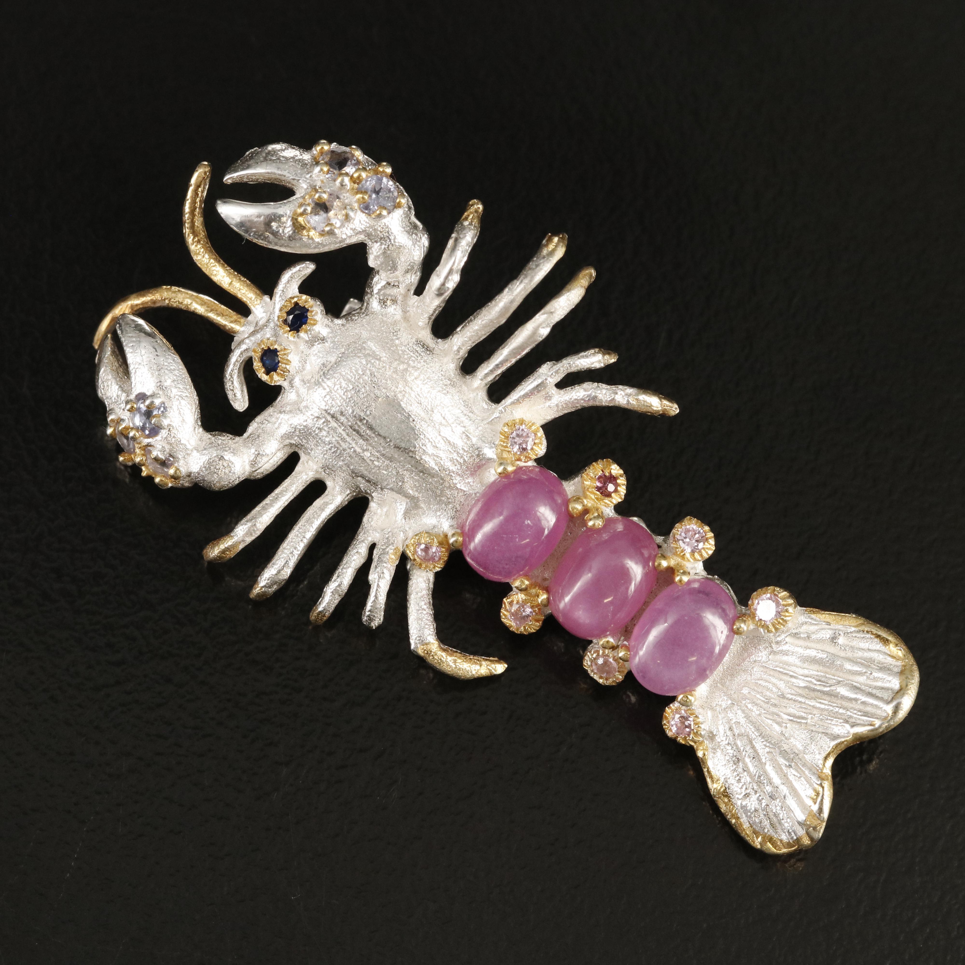 Sterling Ruby, Garnet and Tanzanite Lobster Brooch