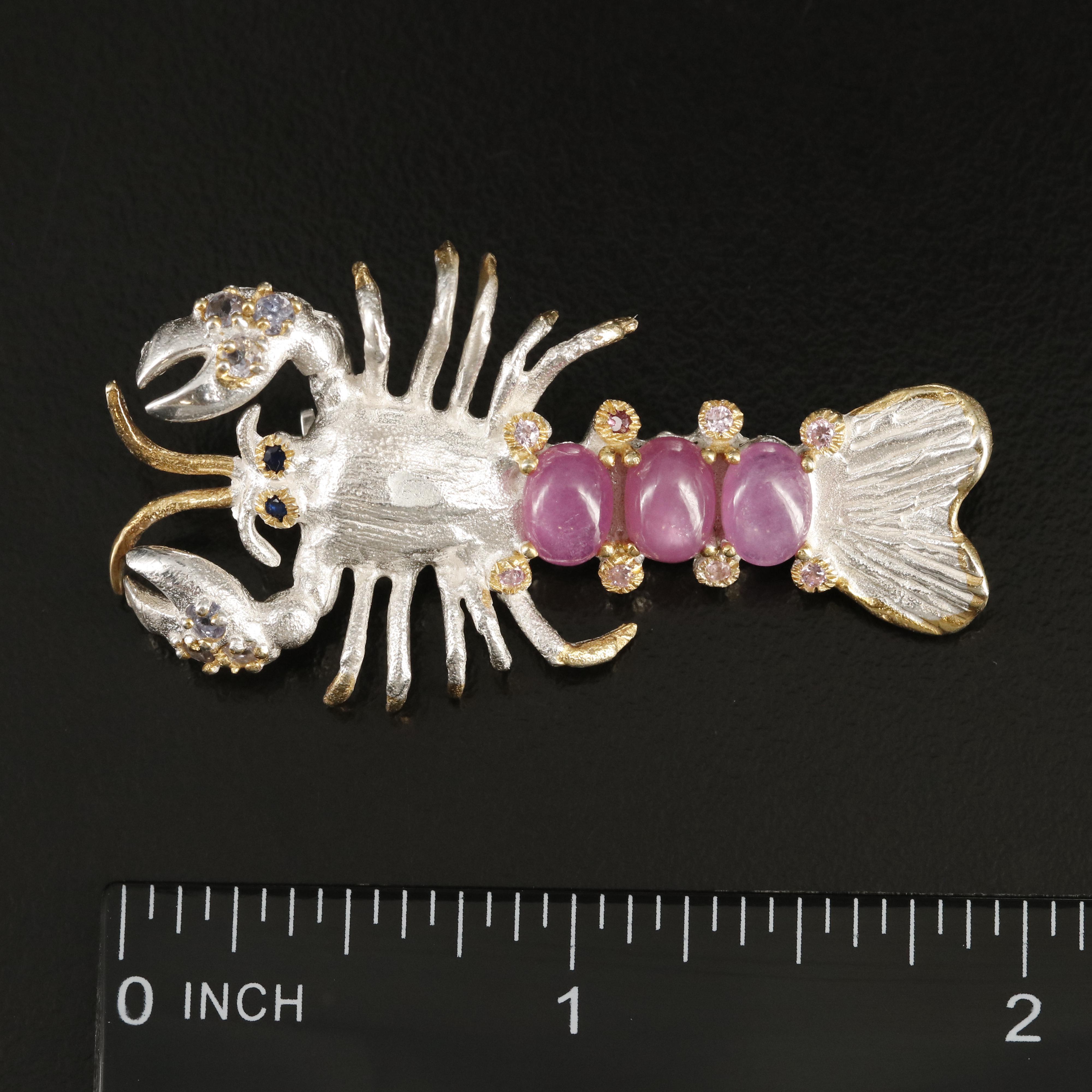 Sterling Ruby, Garnet and Tanzanite Lobster Brooch