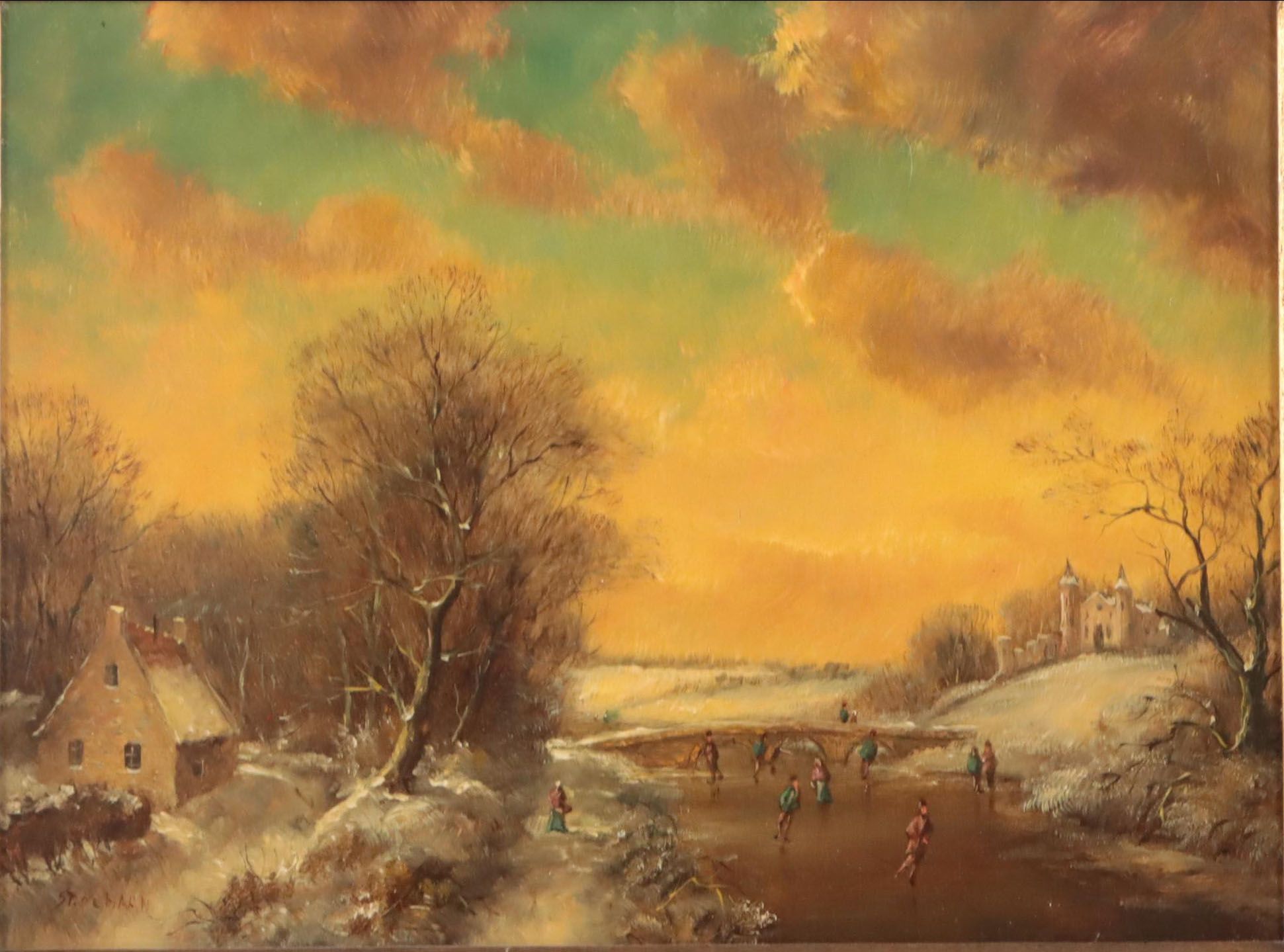 Stephan de Haan Dutch Landscape Oil Painting of Ice Skaters