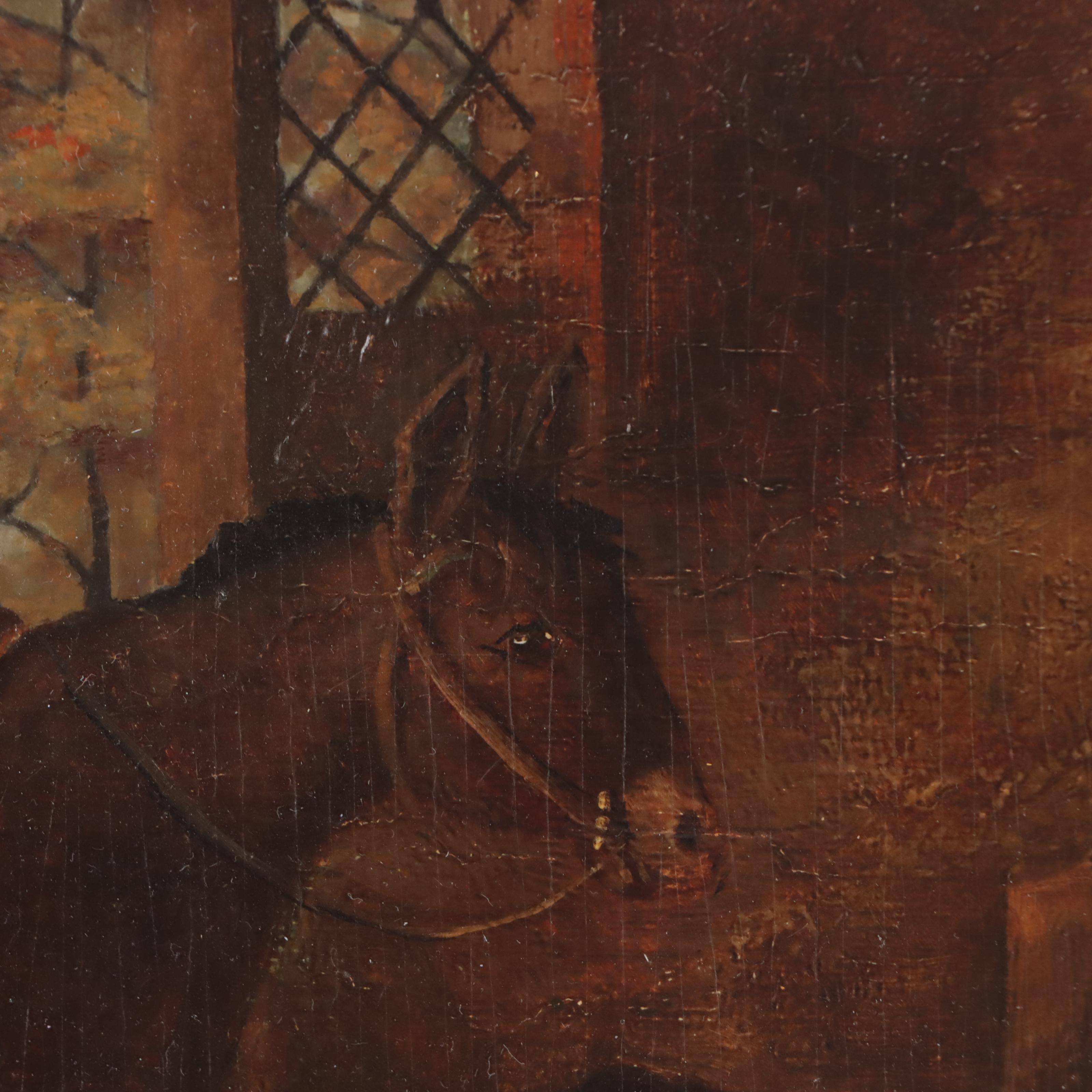 English School Barn Scene Oil Painting, Circa 1890