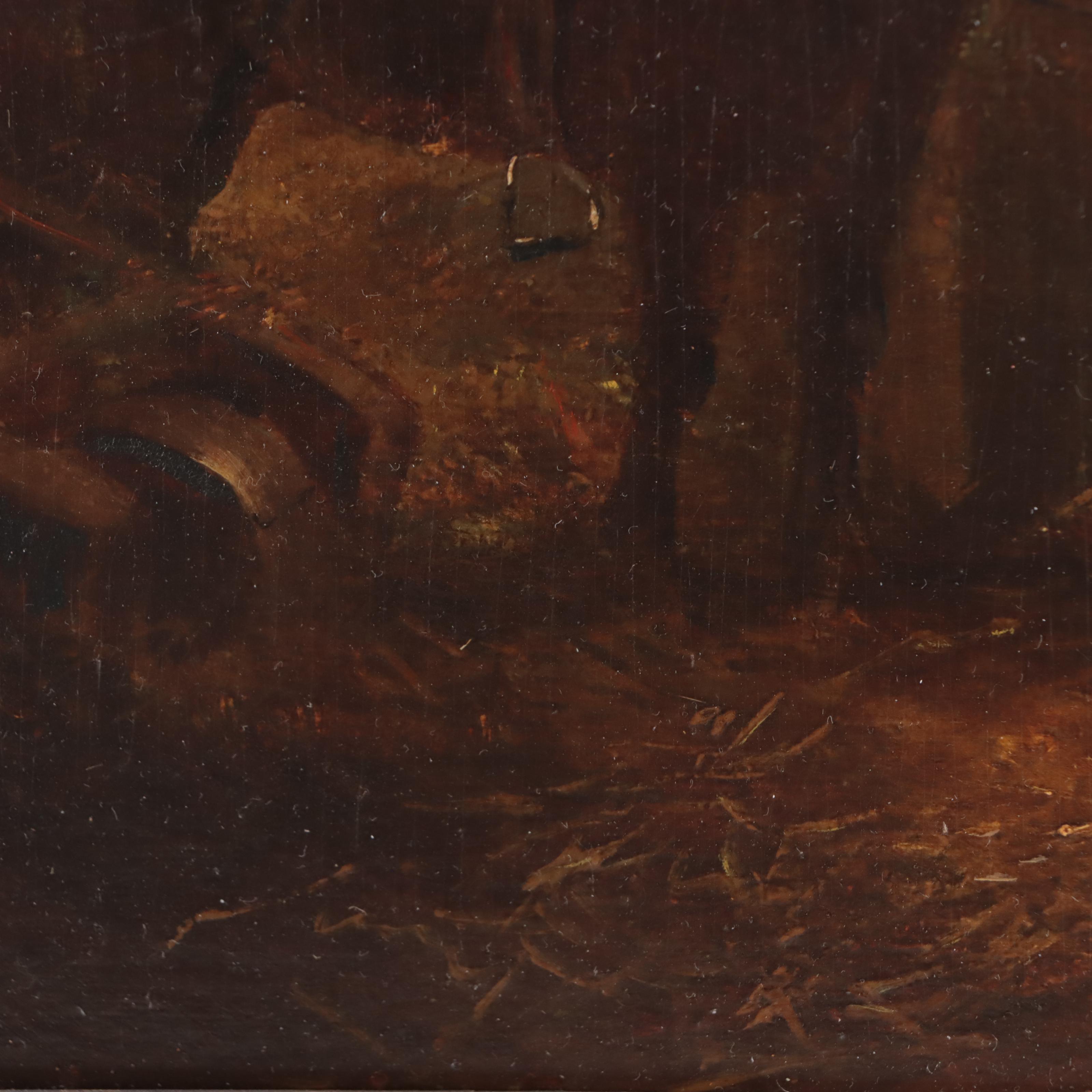 English School Barn Scene Oil Painting, Circa 1890