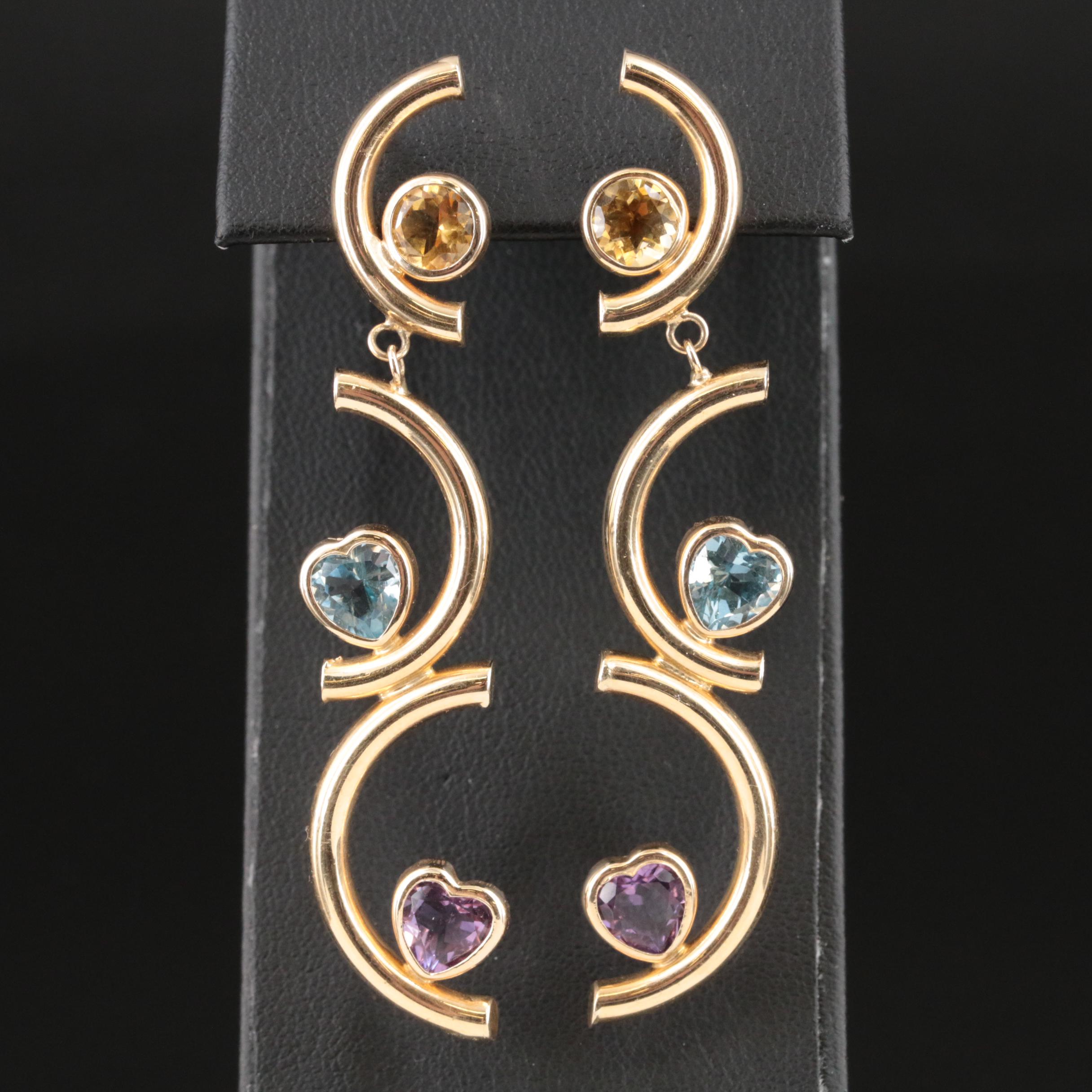 14K Amethyst, Topaz and Citrine Curve Bar Earrings