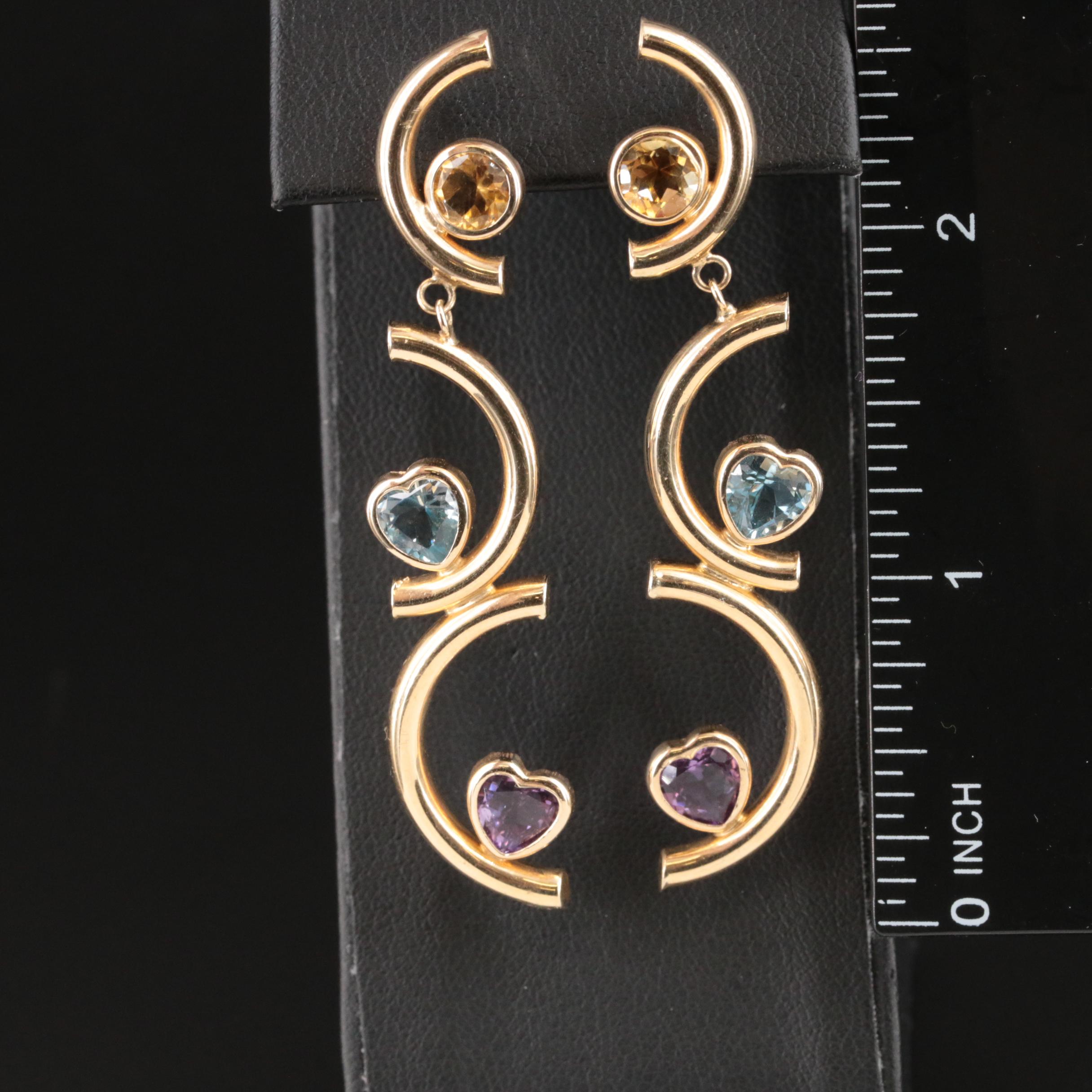 14K Amethyst, Topaz and Citrine Curve Bar Earrings
