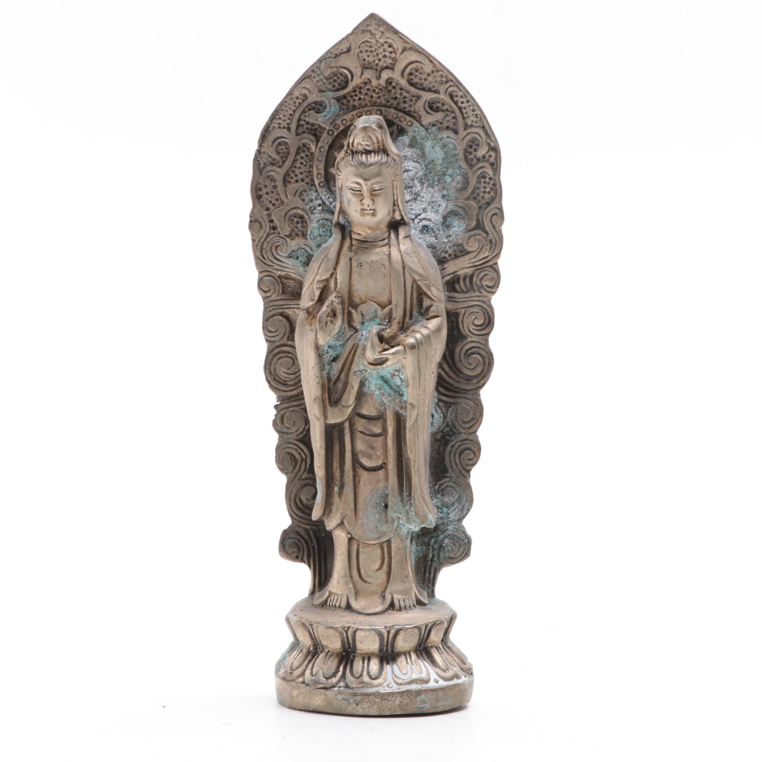 Chinese Cast Metal Guanyin and Elephant Figurine
