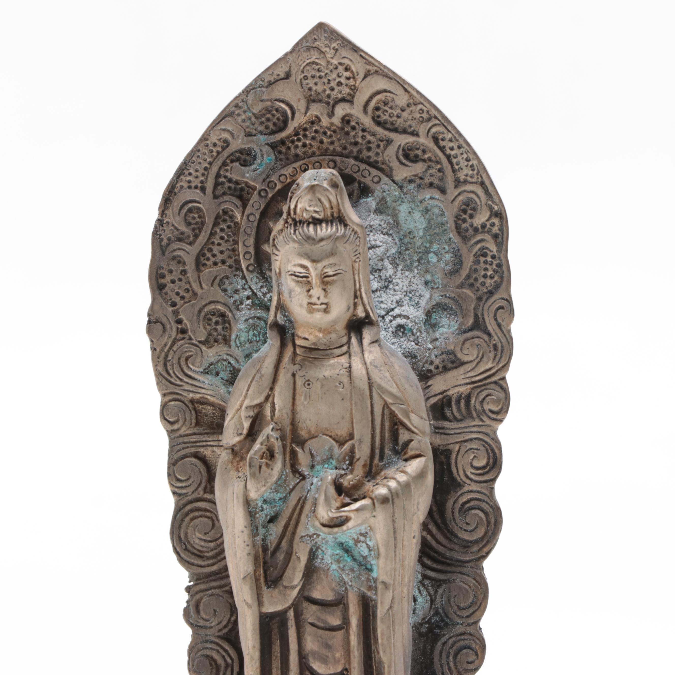 Chinese Cast Metal Guanyin and Elephant Figurine