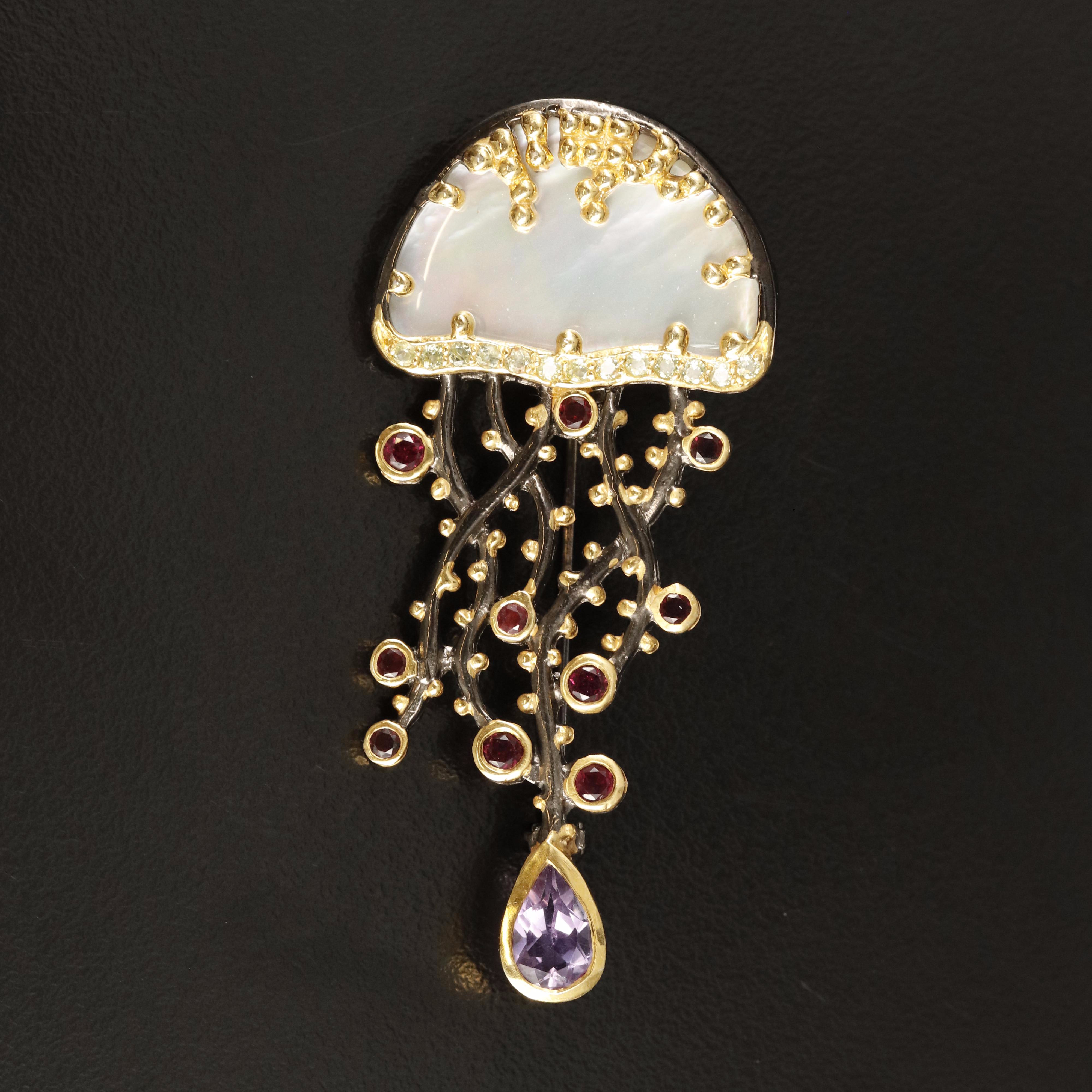 Sterling Mother-of-Pearl, Amethyst and Garnet Jellyfish Converter Brooch
